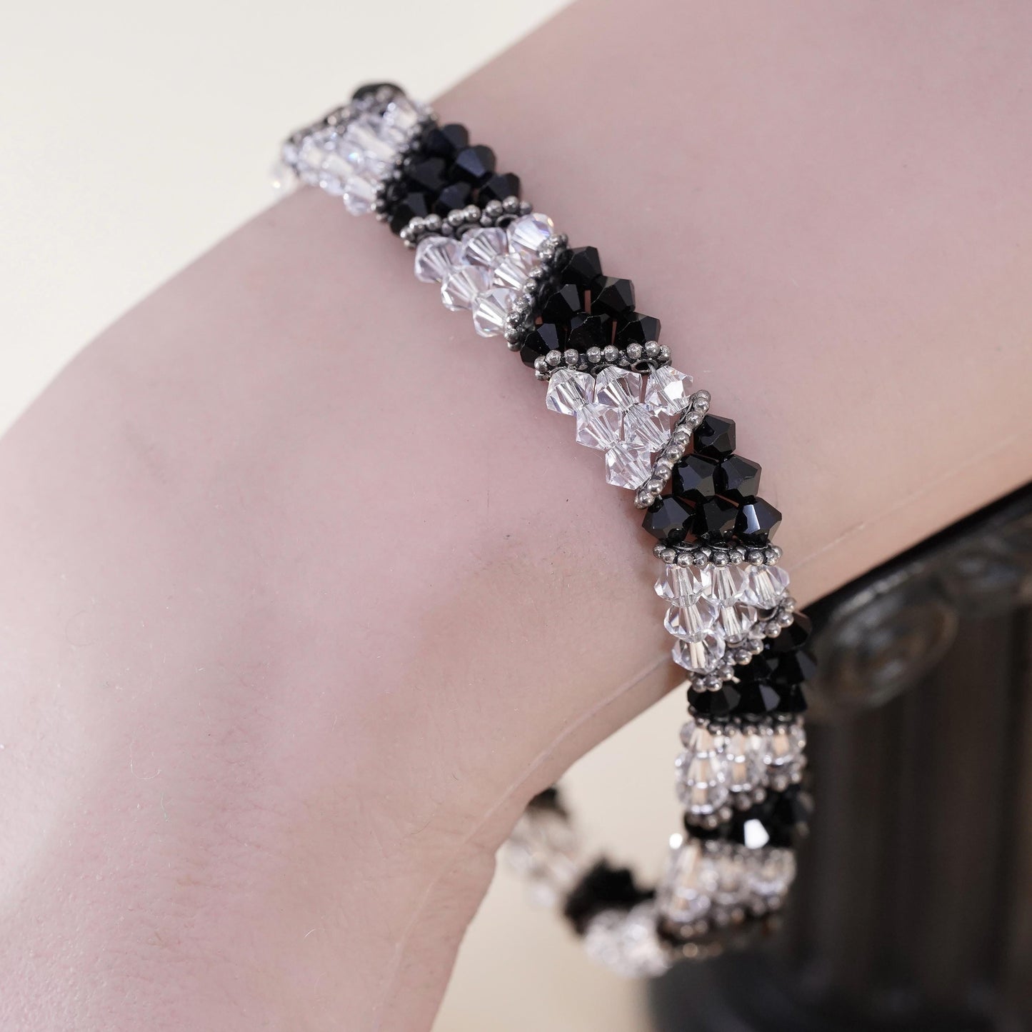 7.75", vintage Sterling silver bracelet, multi strands cluster crystal beads