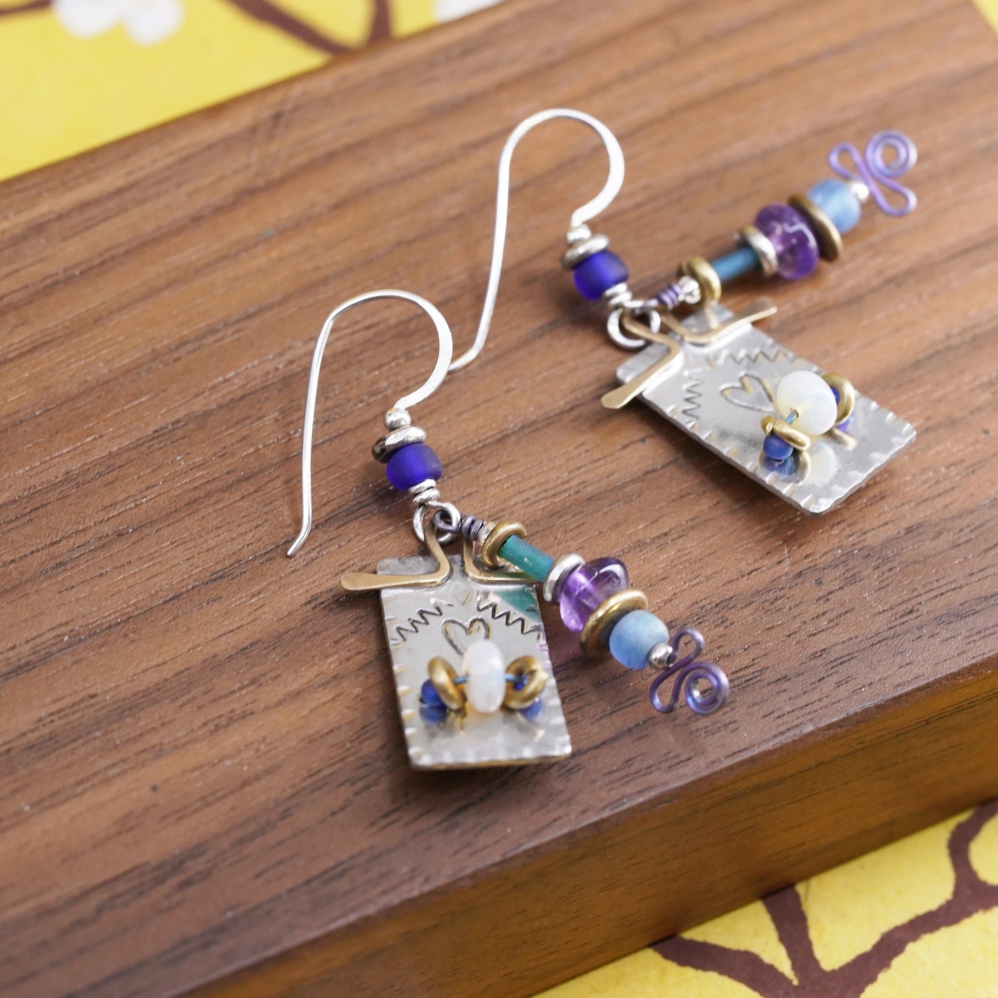 vintage Q. Miller Sterling 925 Silver Hooks with square discs amethyst Beads