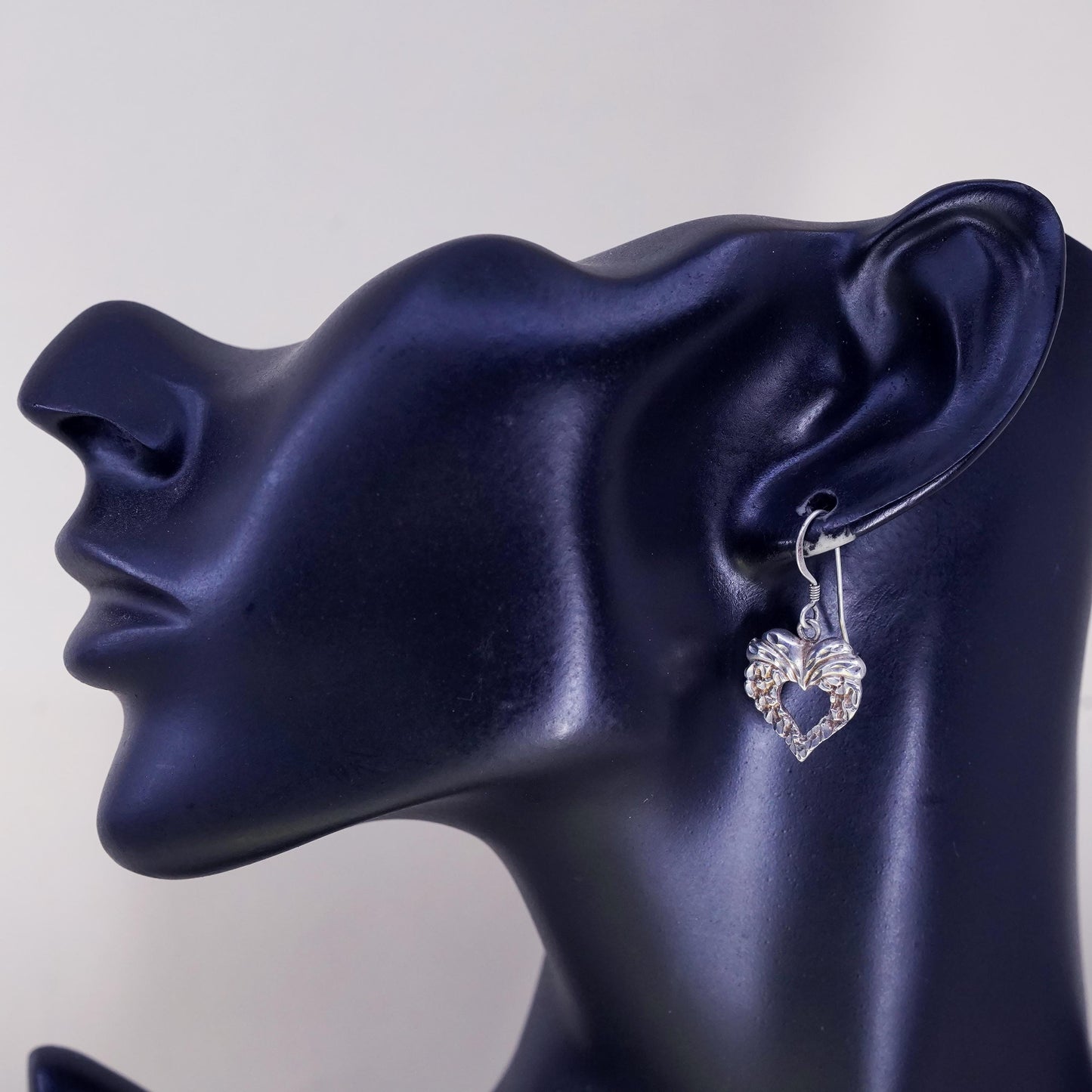 Vintage Sterling silver handmade earrings, textured 925 heart drops