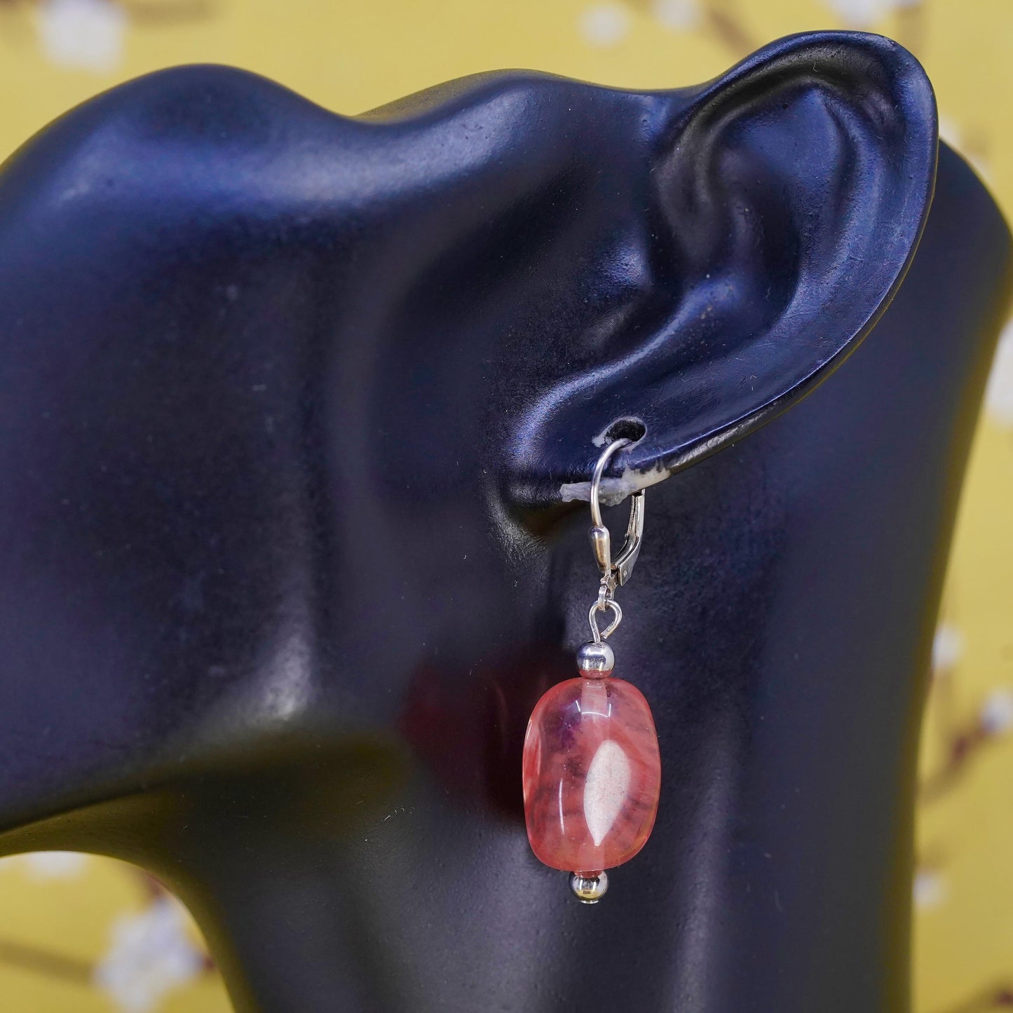 Vintage Sterling 925 silver handmade earrings with pink cherry quartz