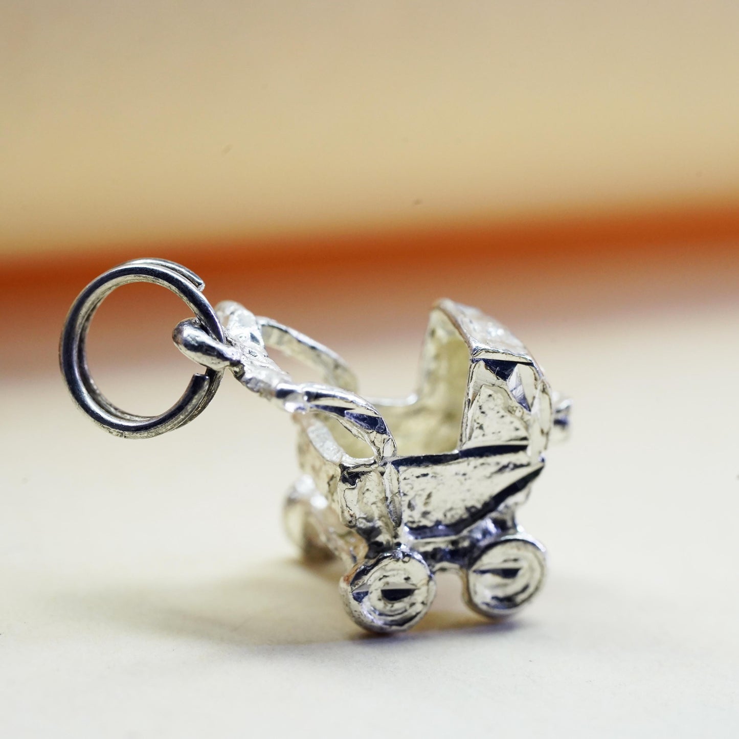 Vintage baby stroller sterling silver handmade pendant, 925 charm