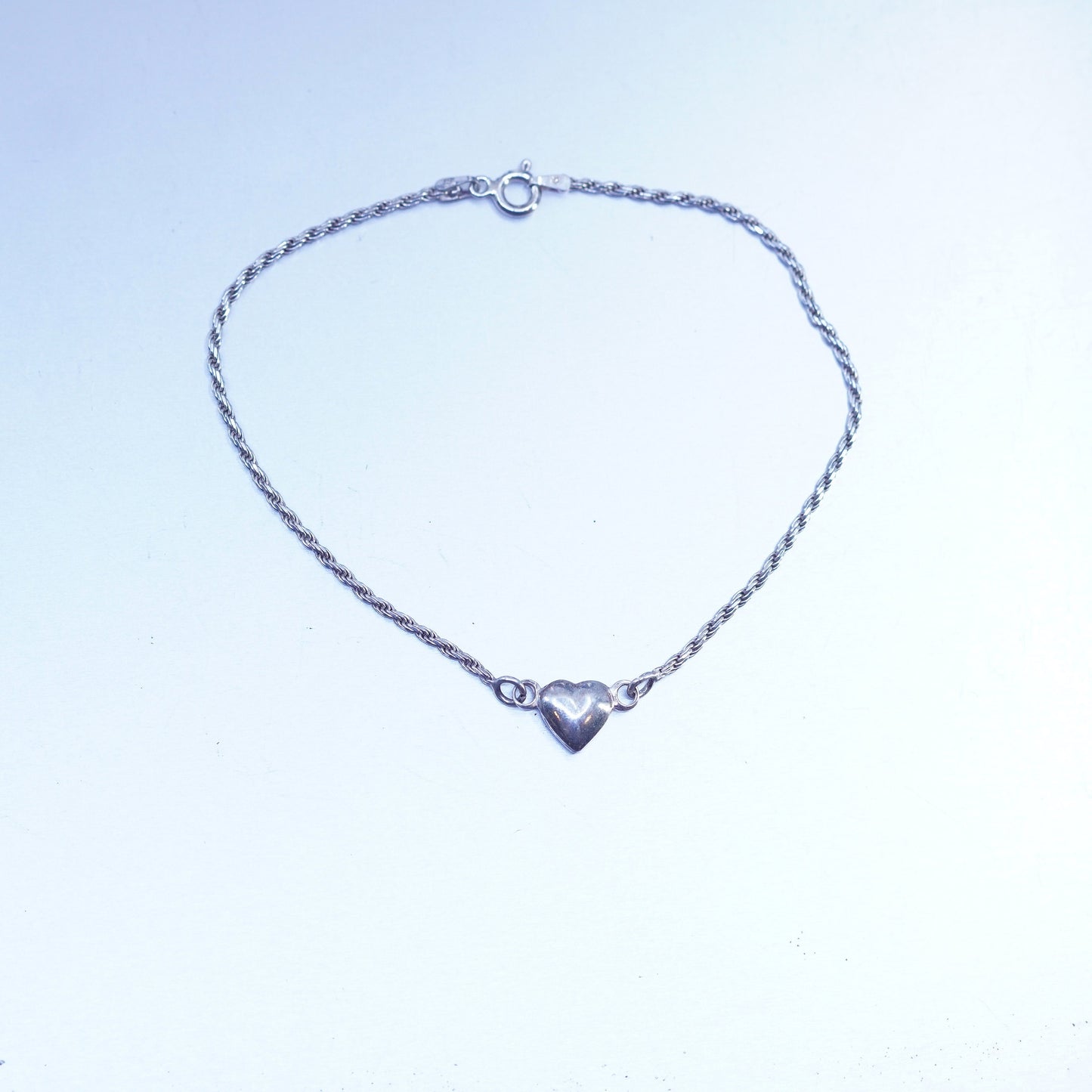 8.75”, Italy Sterling 925 silver bracelet anklet, rope chain heart charm
