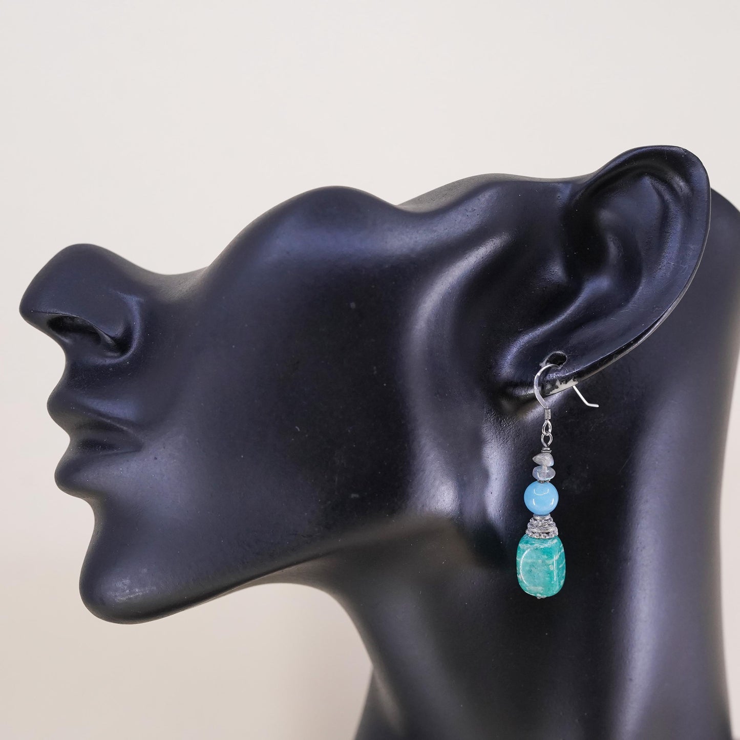 Southwestern sterling silver 925 handmade earrings w/ jade nugget larimar beads