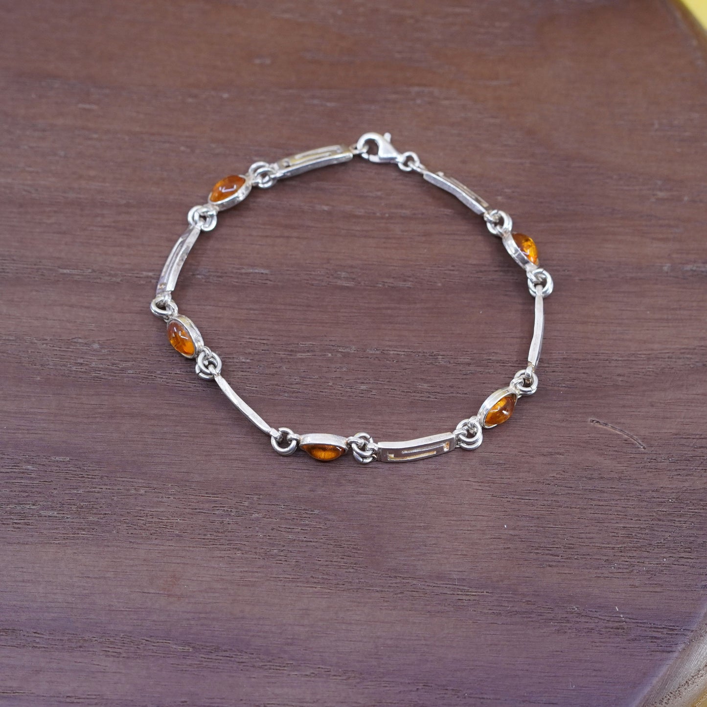 7.5”, vintage Sterling 925 silver handmade Greek key pattern bracelet w/ amber