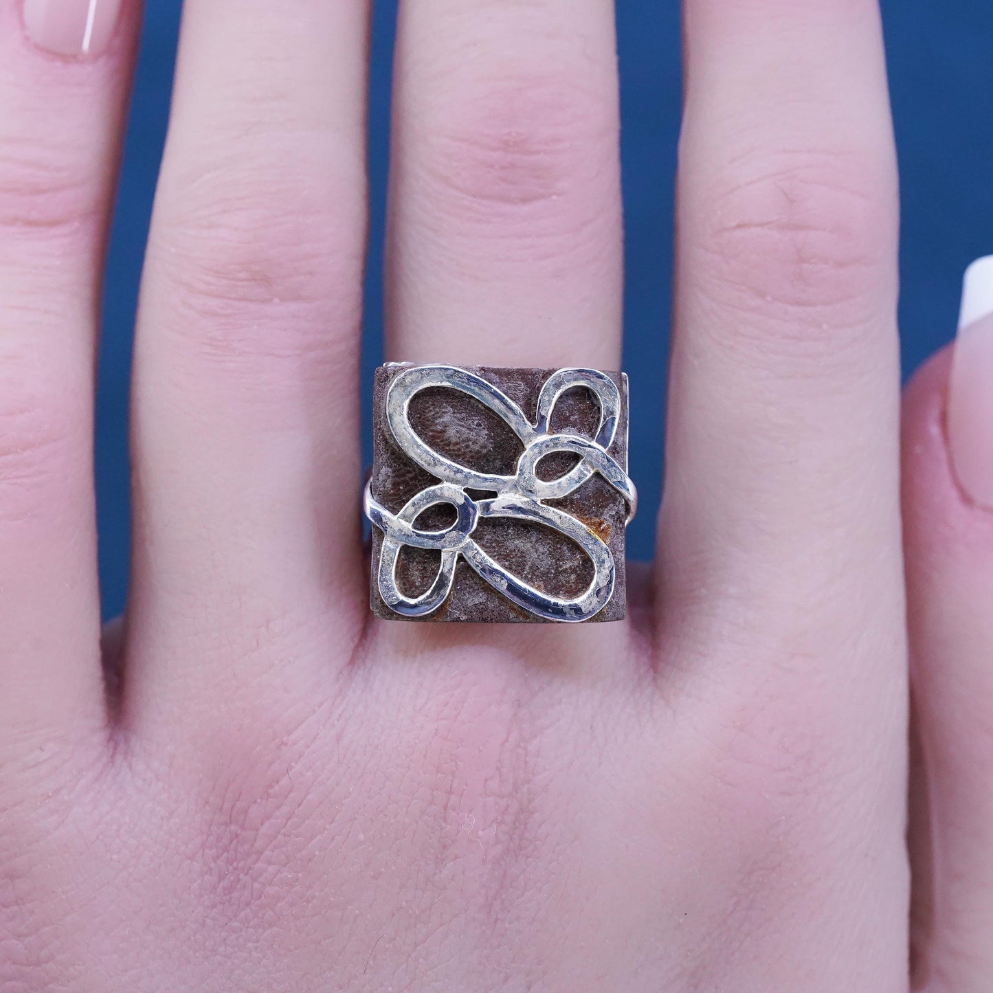 Size 7, vintage Sterling 925 silver handmade square ring w/ abstract butterfly