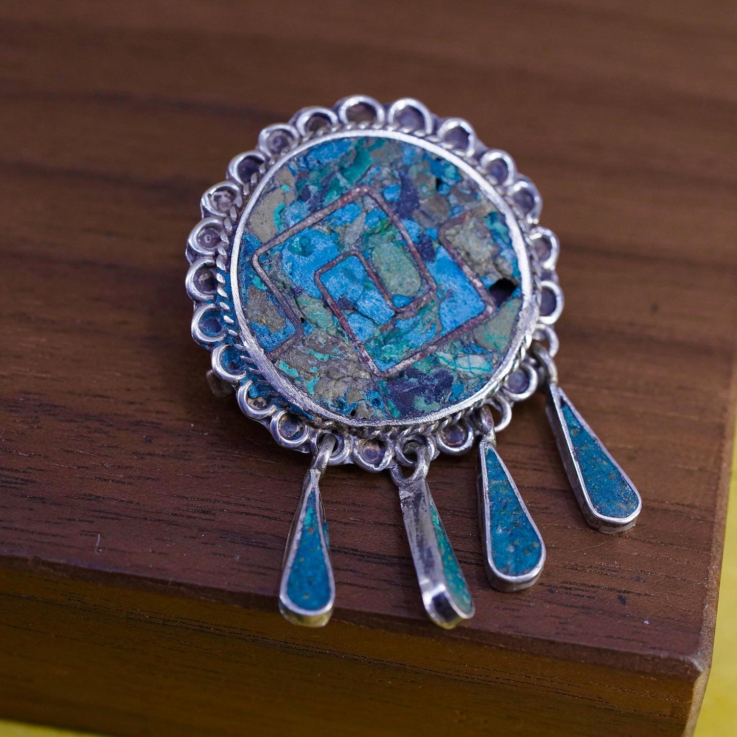 Vintage antique southwestern sterling silver circle pendant brooch turquoise