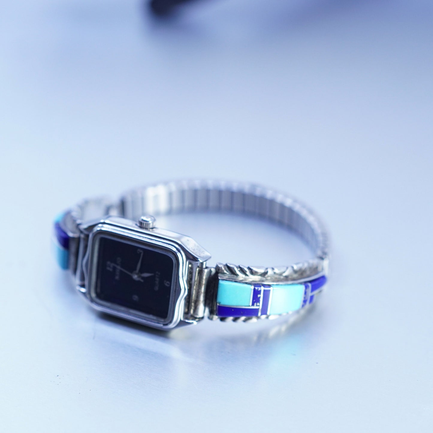 5.75”, Navajo Quartz Watch Sterling 925 silver Lapis Face Silvertone Metal Band