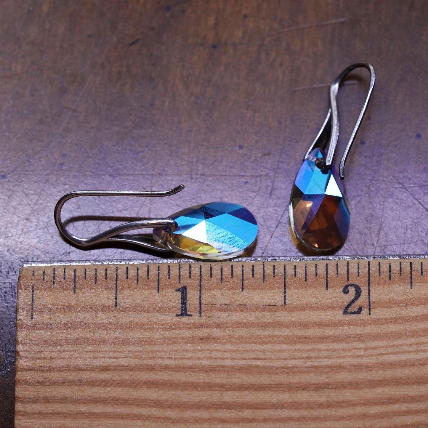 Vintage sterling 925 silver handmade earrings with teardrop rainbow crystal