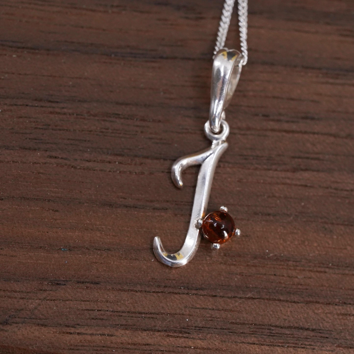 18” Vintage Sterling 925 silver curb necklace with letter J pendant amber bead