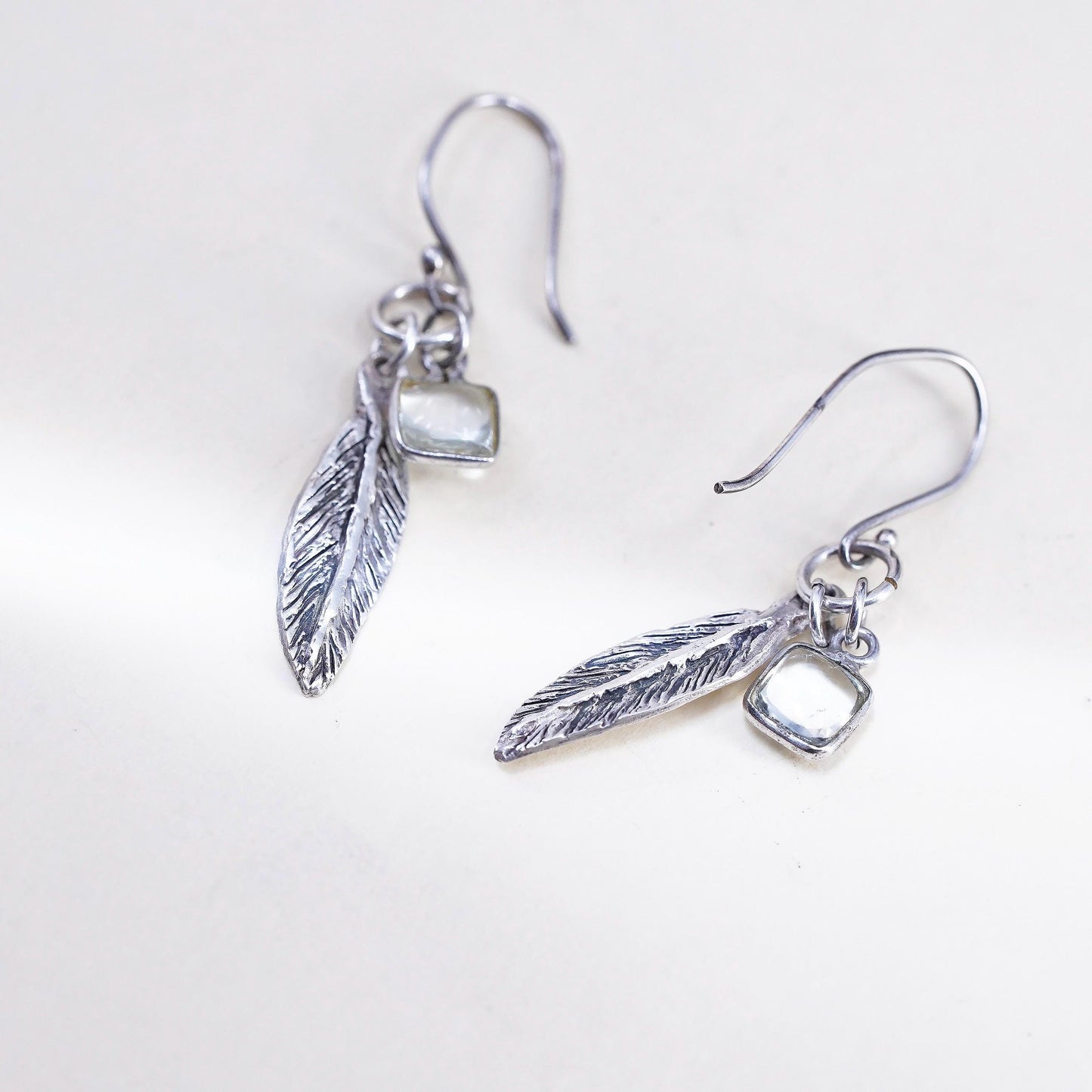 Vintage southwestern Sterling silver earrings, 925 feather with crystal charms