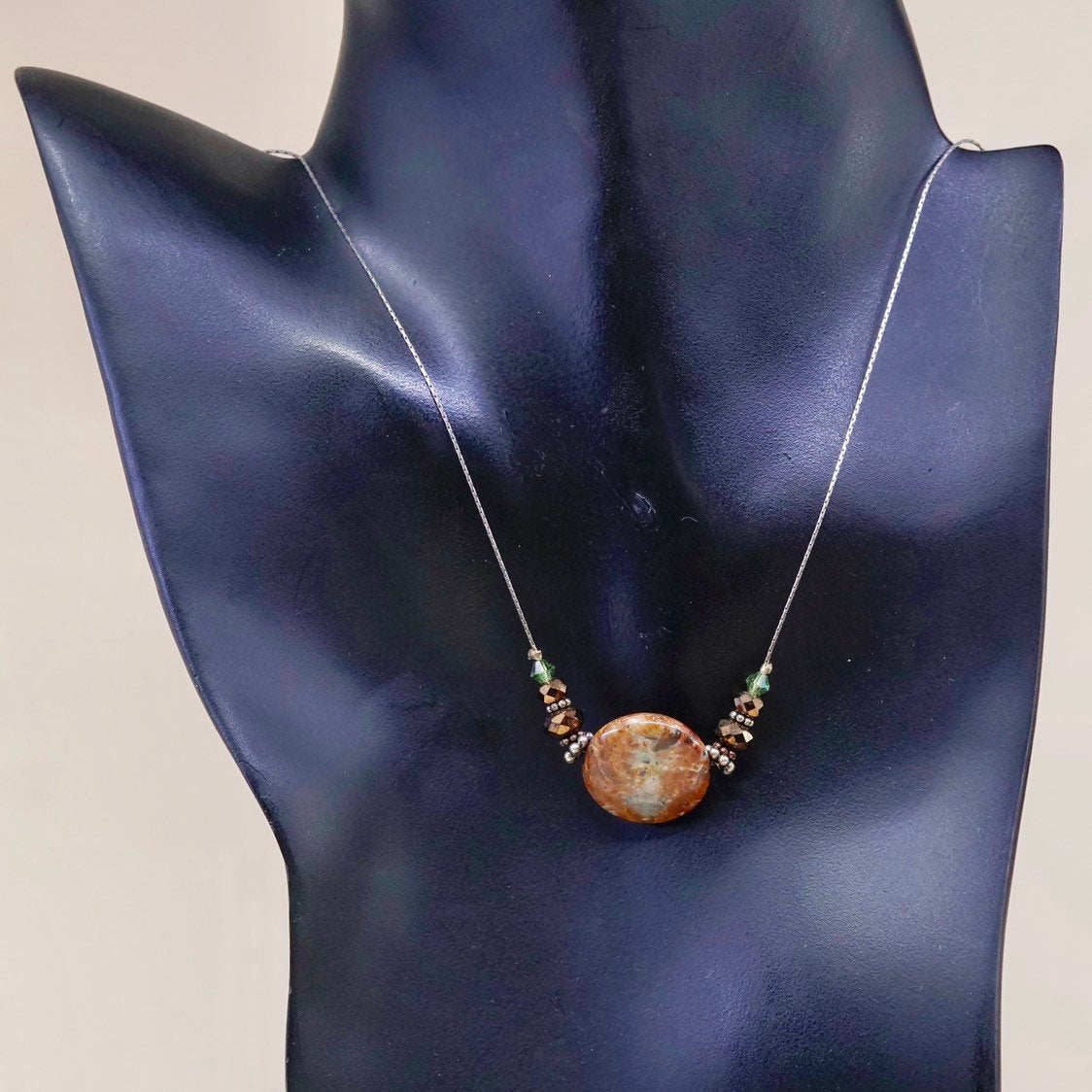 19", vintage sterling silver handmade necklace, fine 925 silver snake chain and brown agate pendant, stamped 925 italy