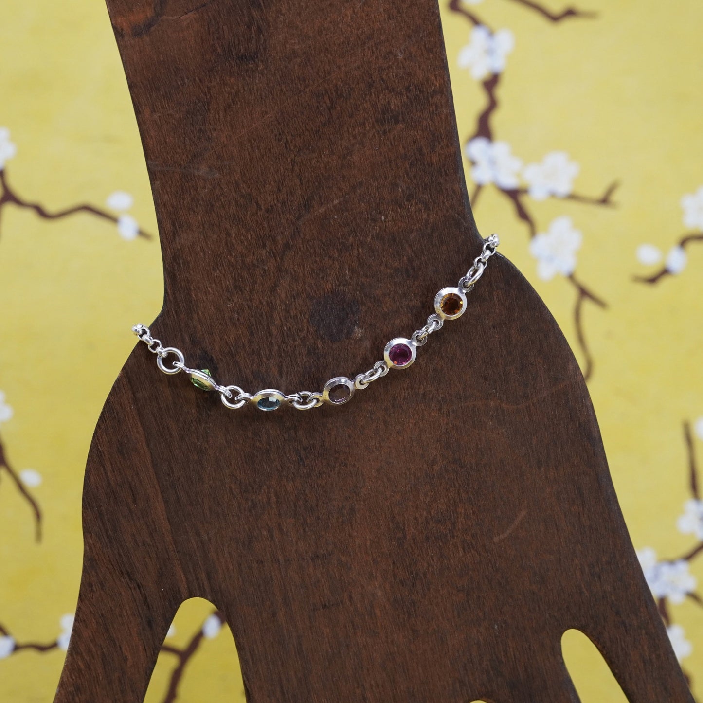 6.75”, Italian 925 Sterling silver bracelet 925 circle chain colorful gemstones