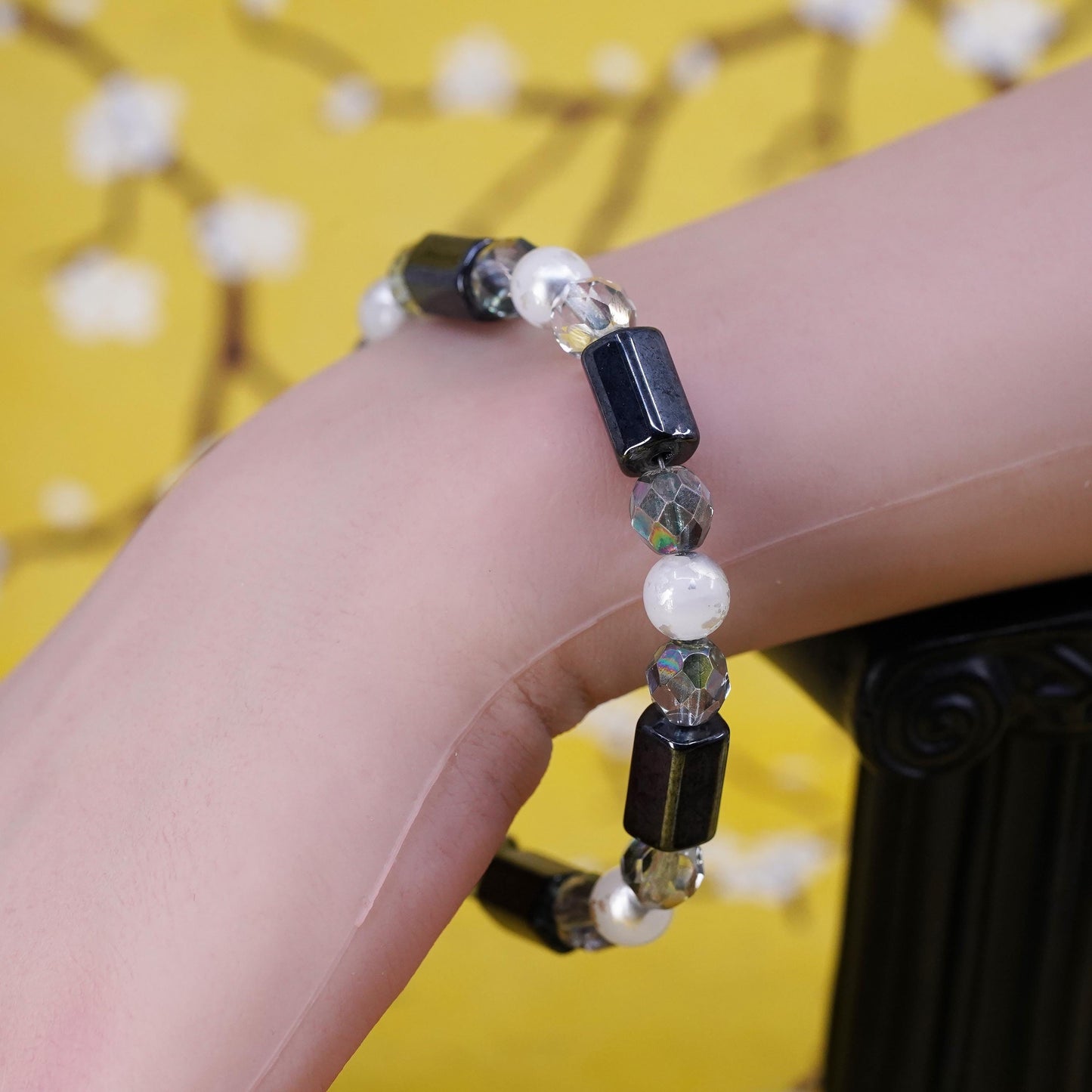 7.5” Vintage sterling 925 silver handmade bracelet with hematite crystal beads