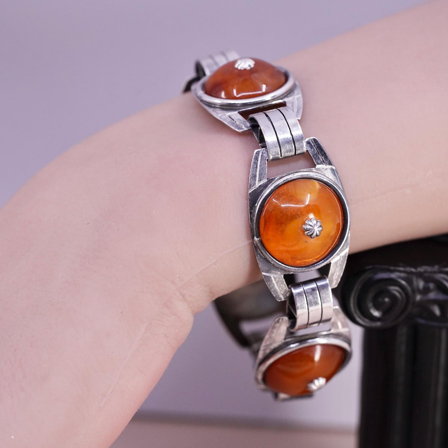 7.75", vintage German OKO sterling 835 silver handmade bracelet with carnelian