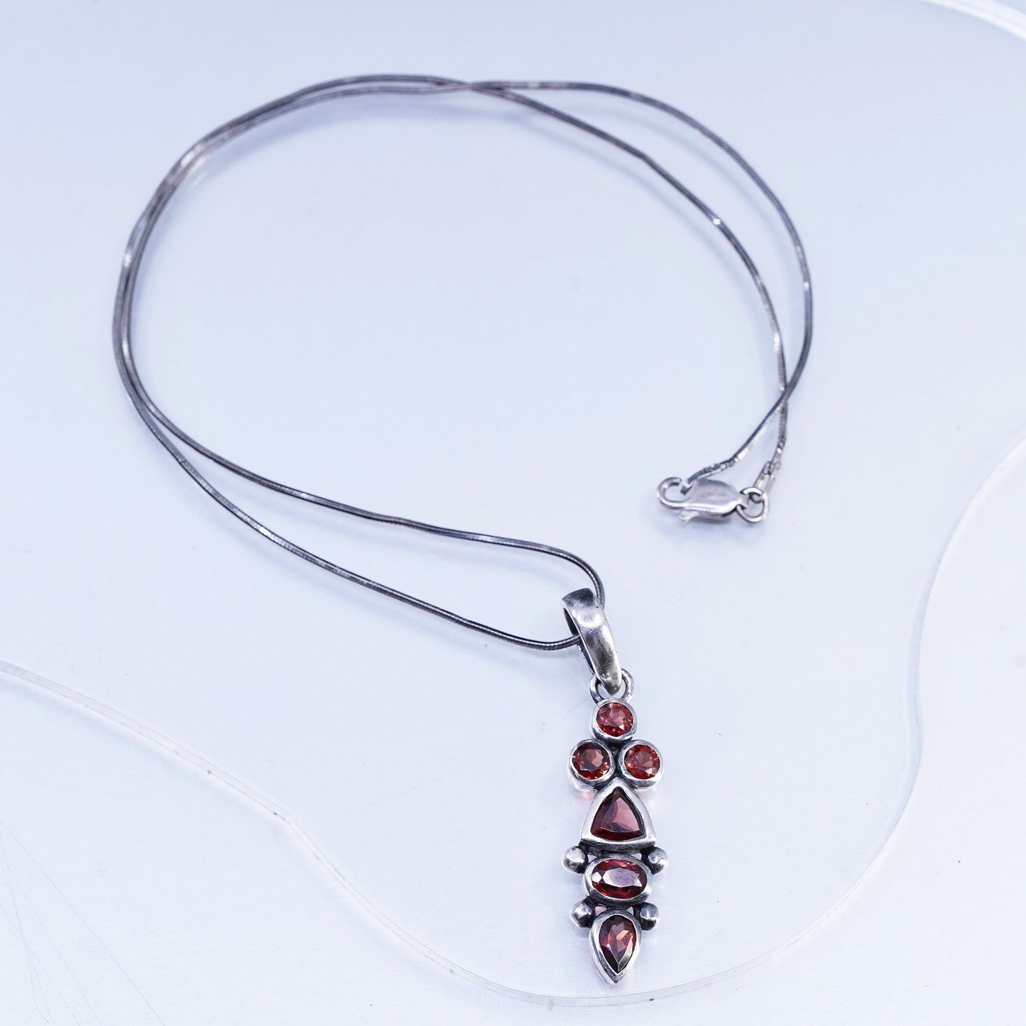 16", Vintage sterling 925 Silver snake chain necklace with garnet pendant
