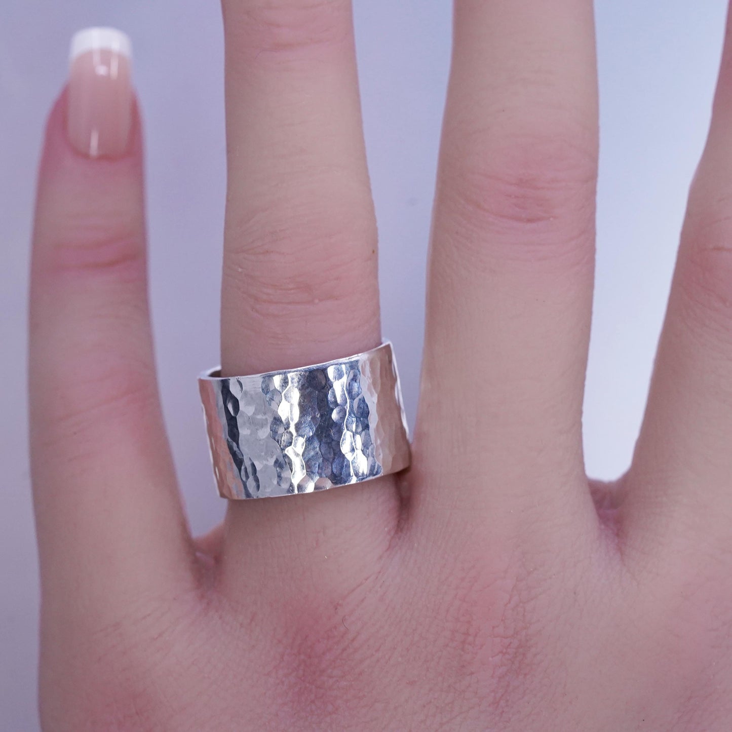 Size 8, 925 Sterling Silver Hammered Wide Band Cuff Ring Hard To Find Classic