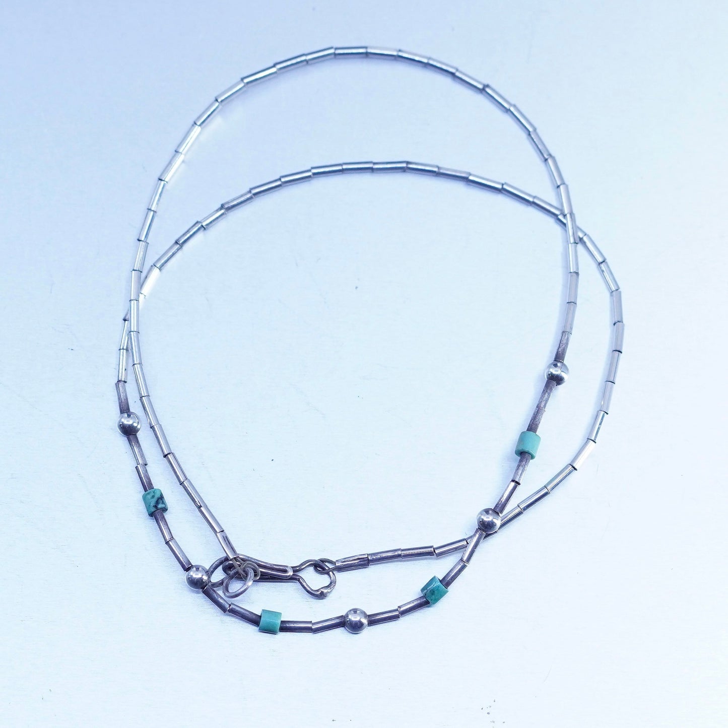 16”, Native American Sterling 925 liquid silver necklace with turquoise beads