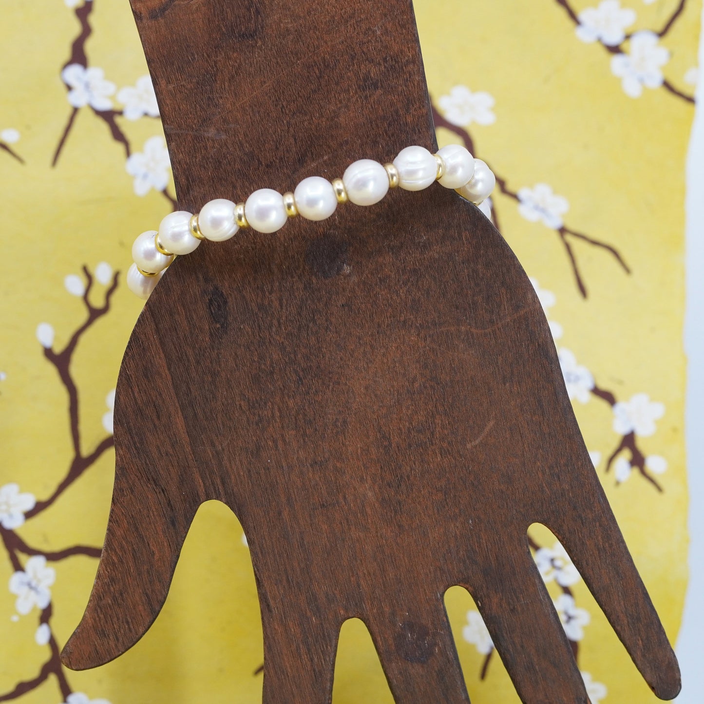7”, Italian yellow gold Sterling silver bead 10mm freshwater pearl bracelet