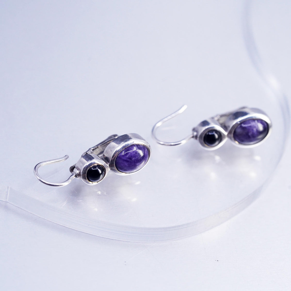 Sterling Silver 925 Amethyst Onyx Drops, Purple Cabochon, Leverback Earrings