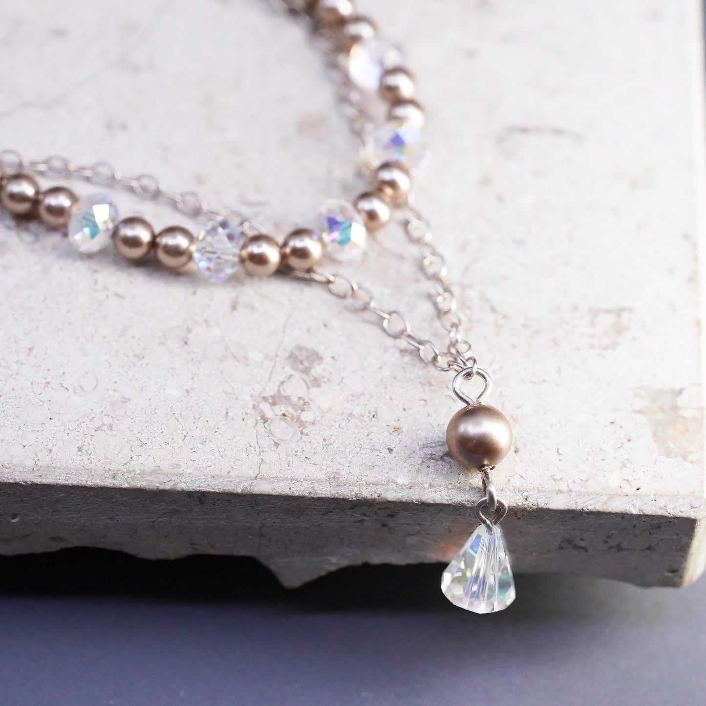 15+1", VTG Emily Ray Sterling 925 silver necklace faux pearls crystal pendant