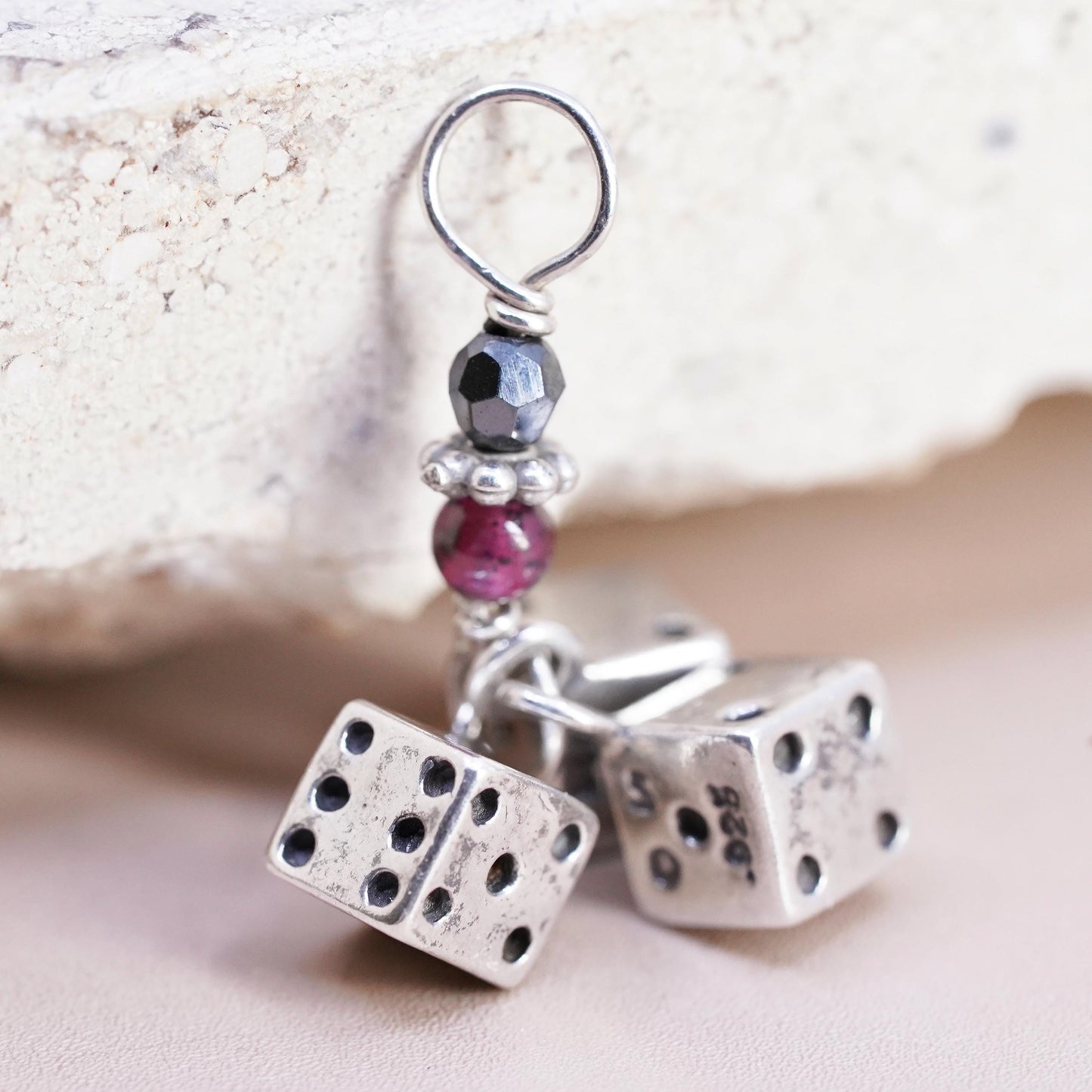 Vintage Sterling silver handmade pendant, 925 3 dice charms