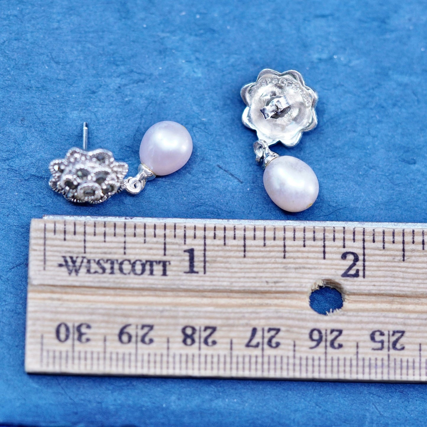 Vtg modern Sterling 925 silver handmade flower earrings with pearl beads