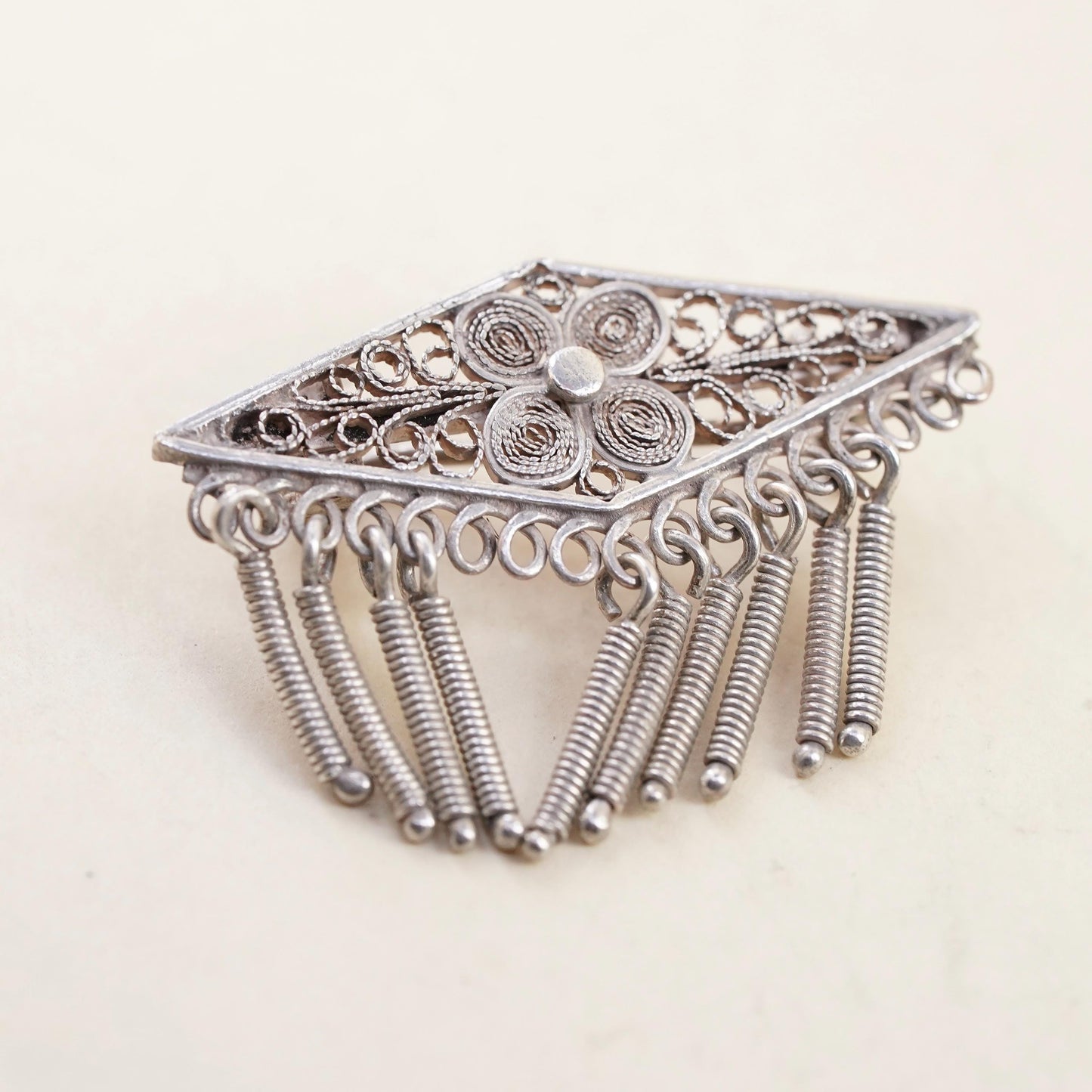Vintage Sterling silver handmade brooch, 925 filigree pin with fringe
