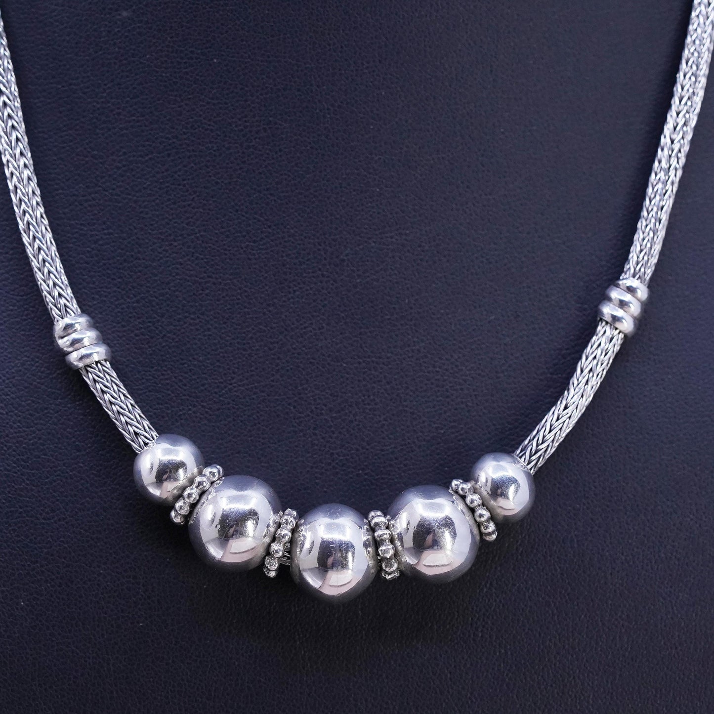 18+3" 4mm, vintage bold Sterling silver necklace, 925 wheat chain beads pendant