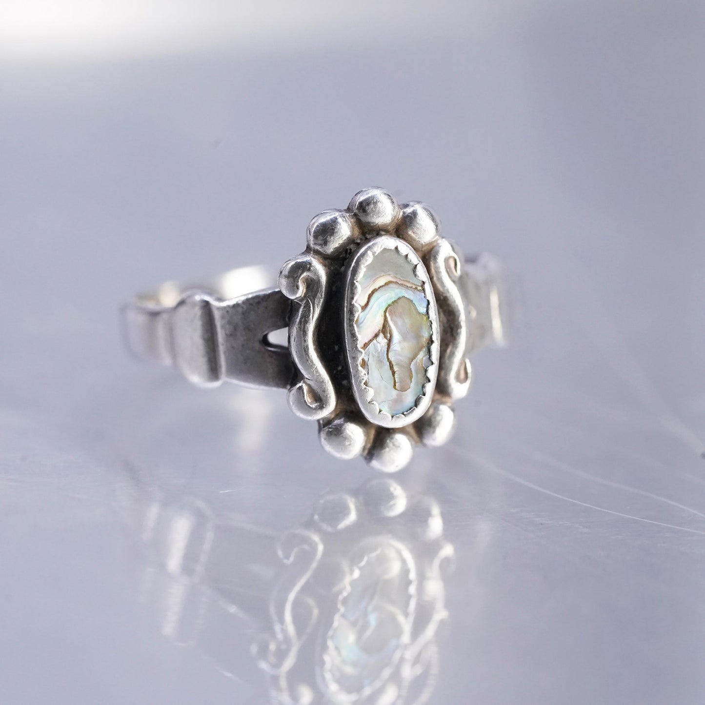 sz 5, Native American navajo Bell trading post Sterling 925 silver ring abalone
