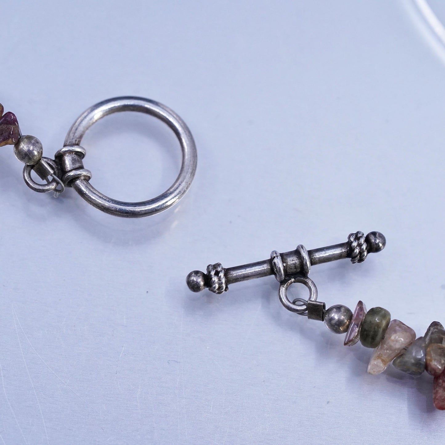 14” Vintage Sterling 925 Silver Handmade Jasper beads necklace nugget pendant