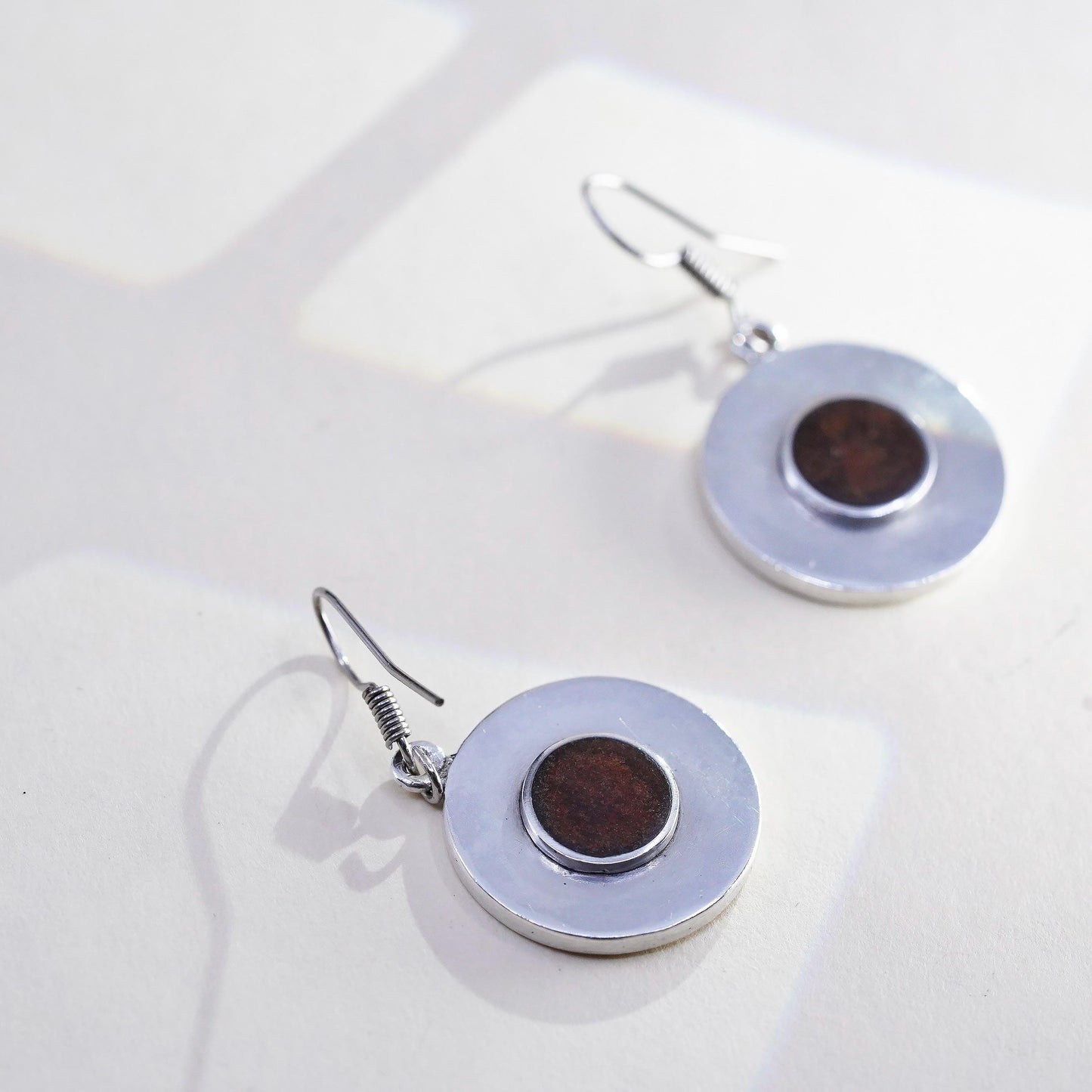 Vintage signed Sterling 925 silver handmade earrings with round drops and amber