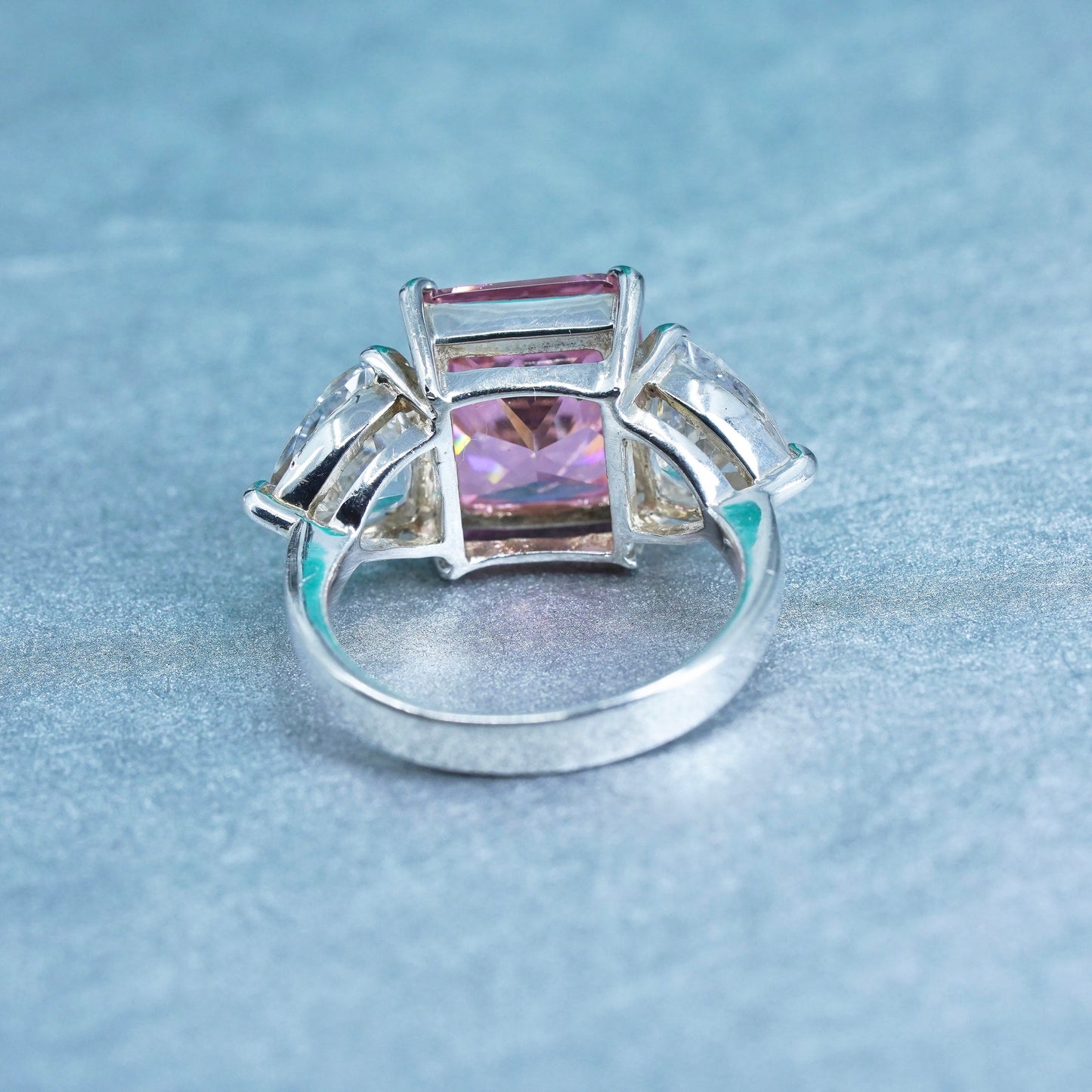 Size 7, vintage Sterling 925 silver handmade ring with rectangular pink Cz