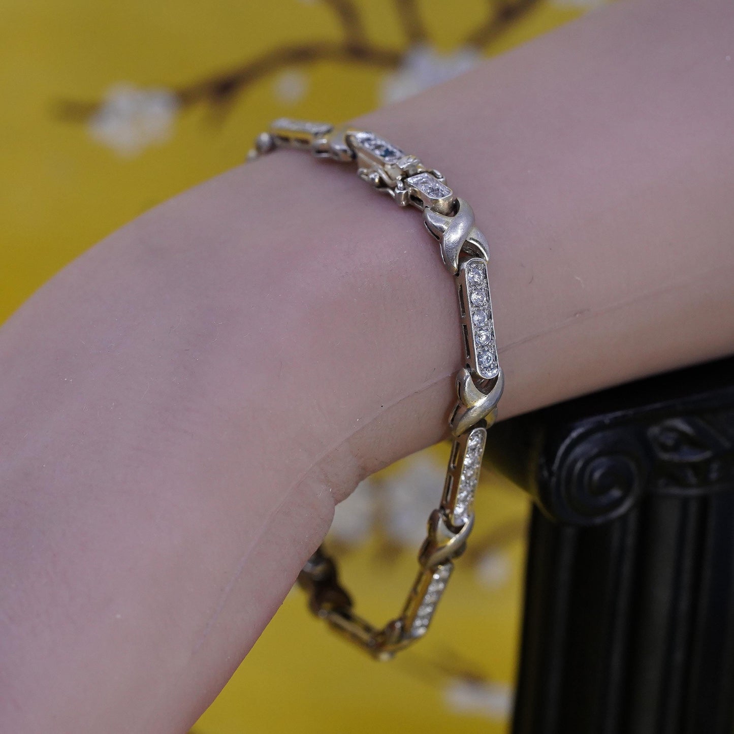 7.5”, vintage Sterling silver tennis bracelet, 925 bar link chain with cz