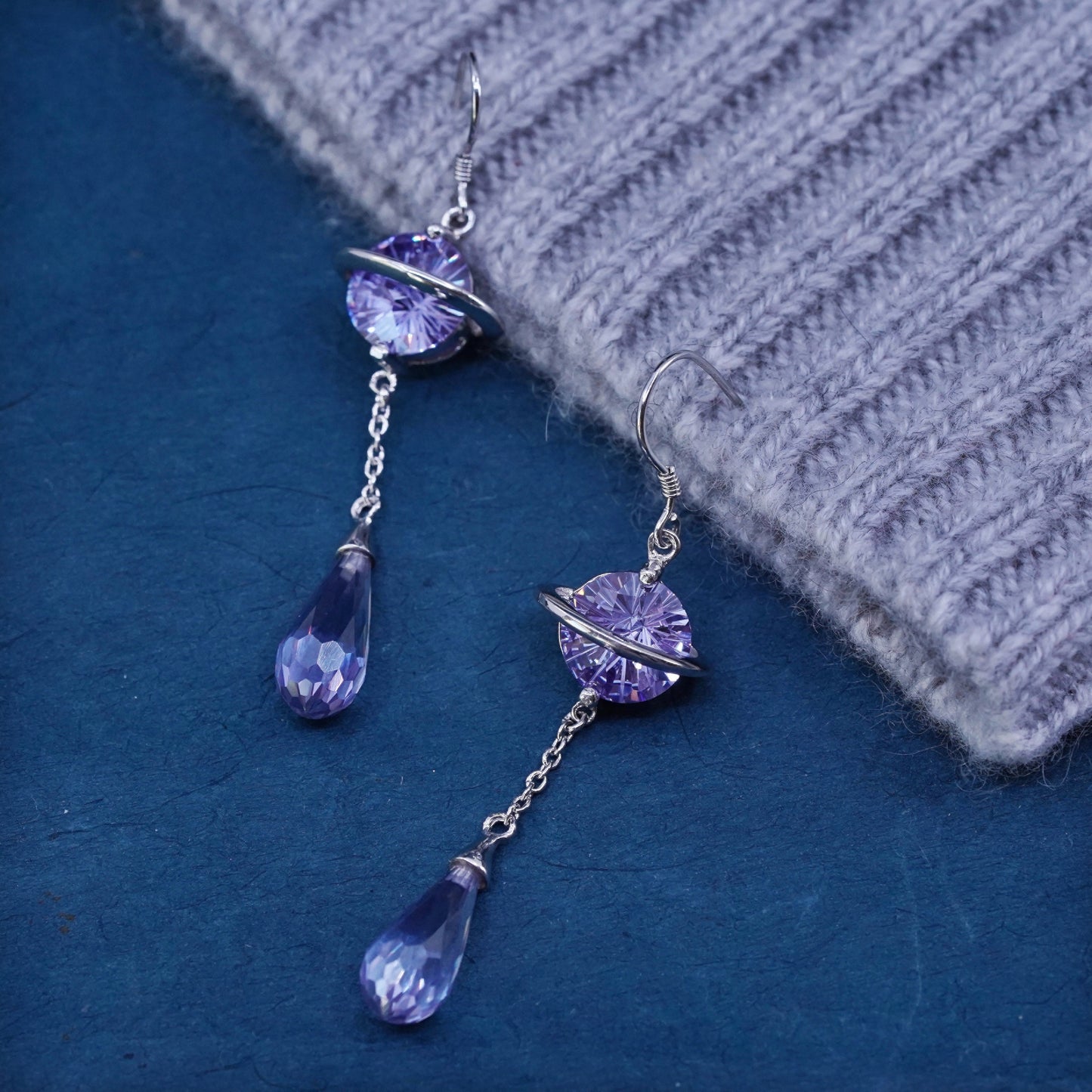 Vintage sterling 925 silver handmade planet earrings with teardrop amethyst