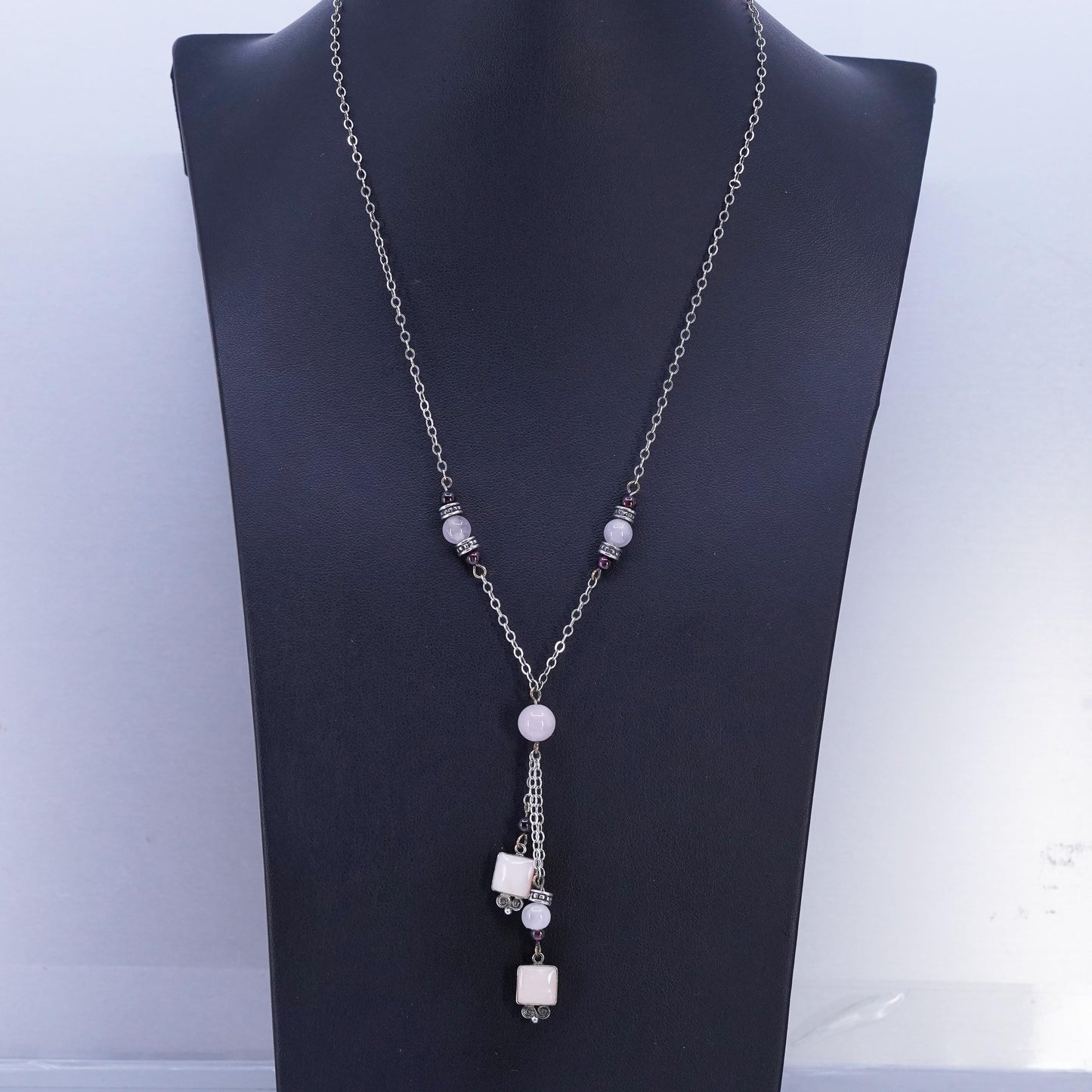 16+2", vintage Sterling 925 silver circle necklace pink quartz beads pendant