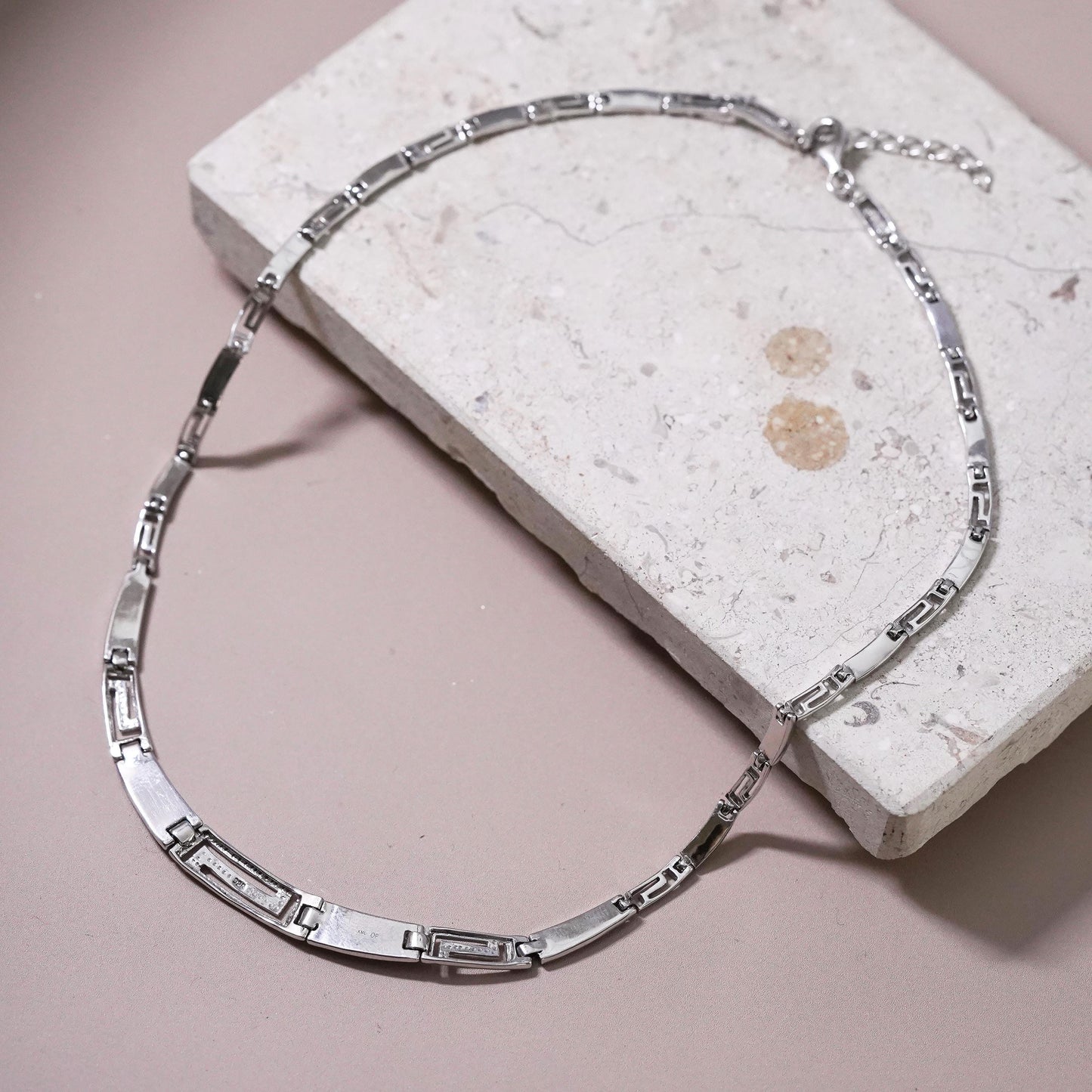 16+1”, Sterling silver necklace,925 tennis graduated Greek key fire opal