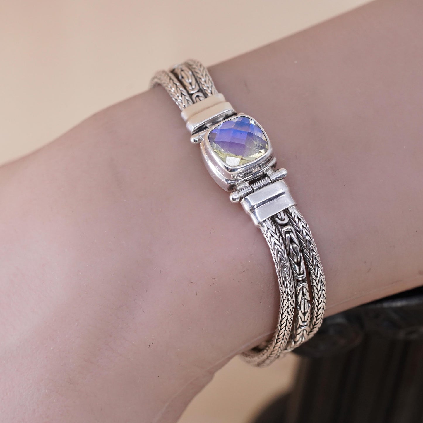 6”, Sarda Sterling silver bracelet, multi strands 925 wheat chain Mystic Quartz