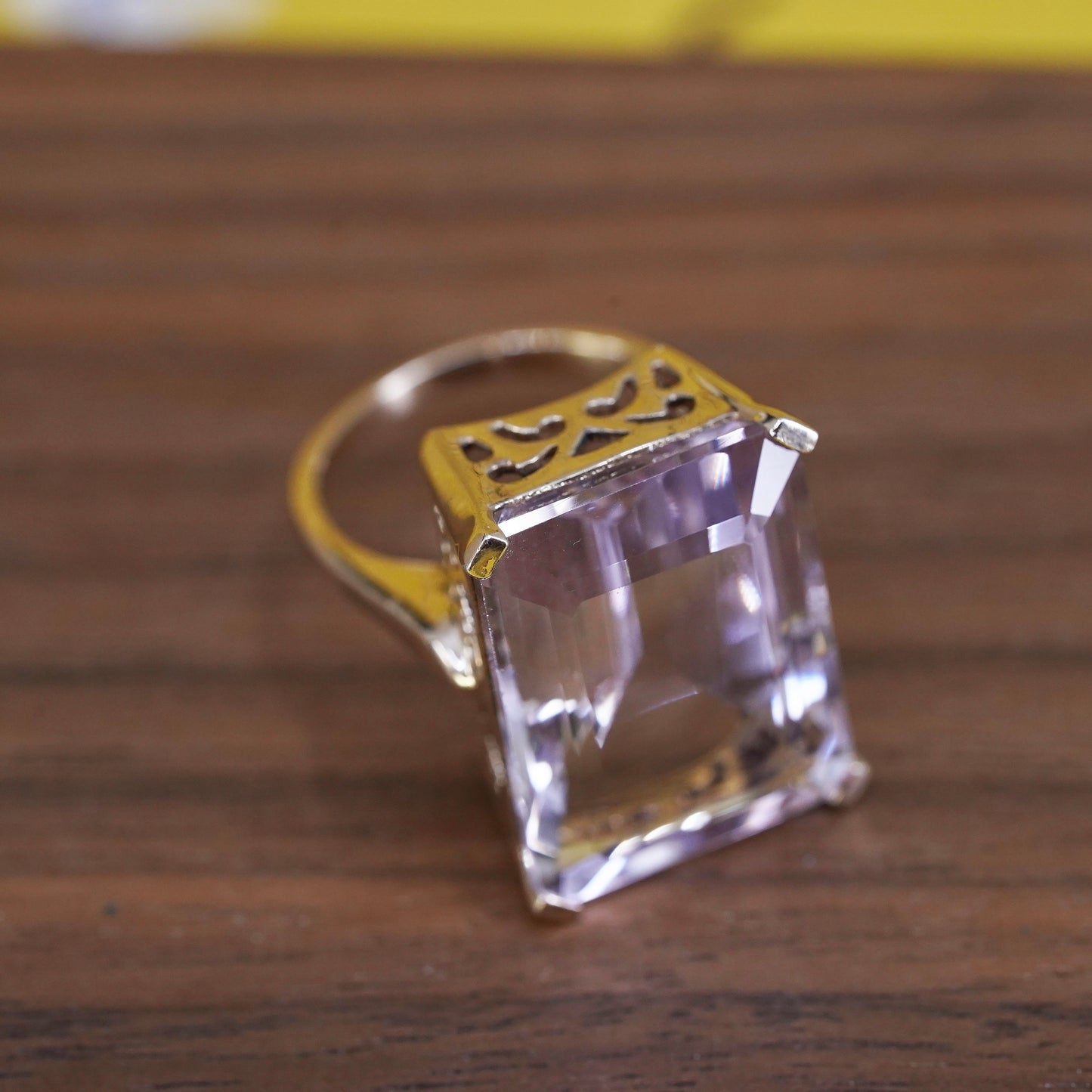 Size 6, Sterling silver cocktail ring, rose gold over 925 with amethyst crystal