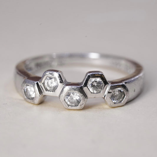 Size 7.25, sterling 925 silver ring, engagement band hexagram honeycomb cut cz