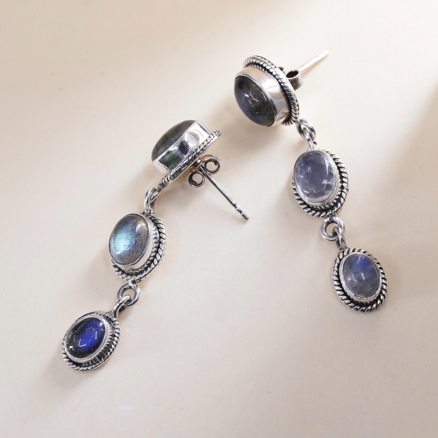 Vintage R&G Sterling 925 silver handmade earrings with moonstone