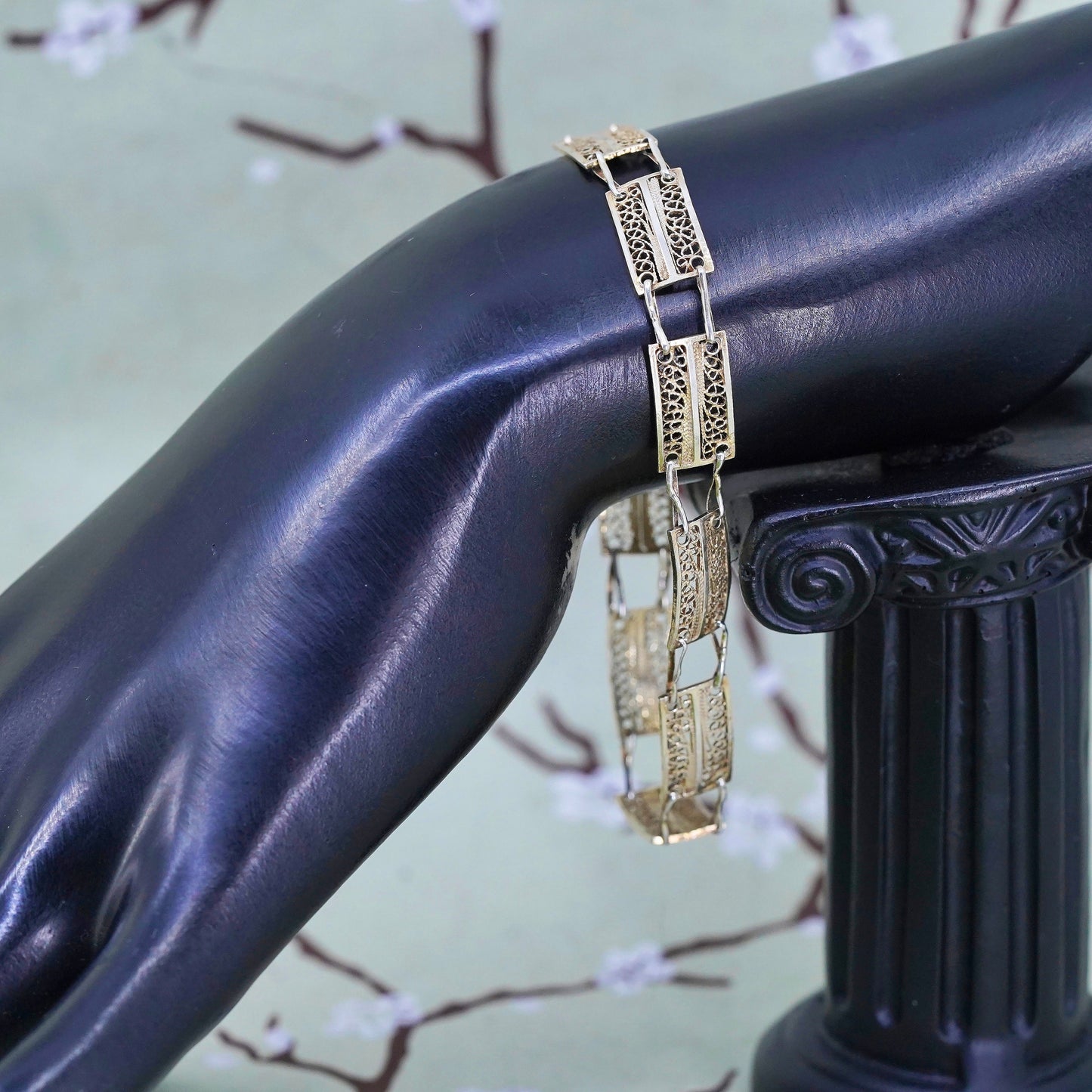 8", Italian sterling silver handmade bracelet, filigree rectangular chain