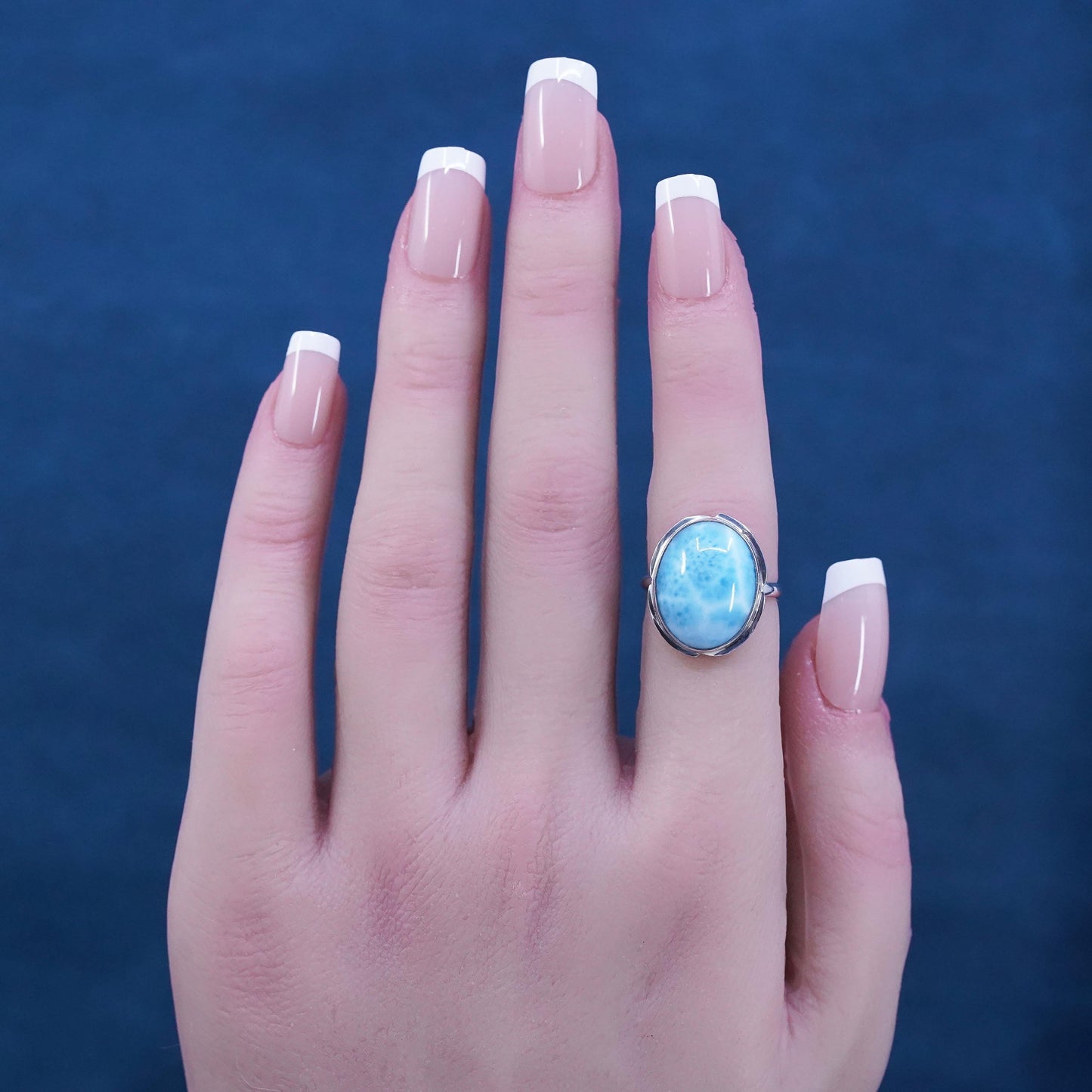 Size 5.5, Vintage sterling 925 silver handmade ring with oval larimar