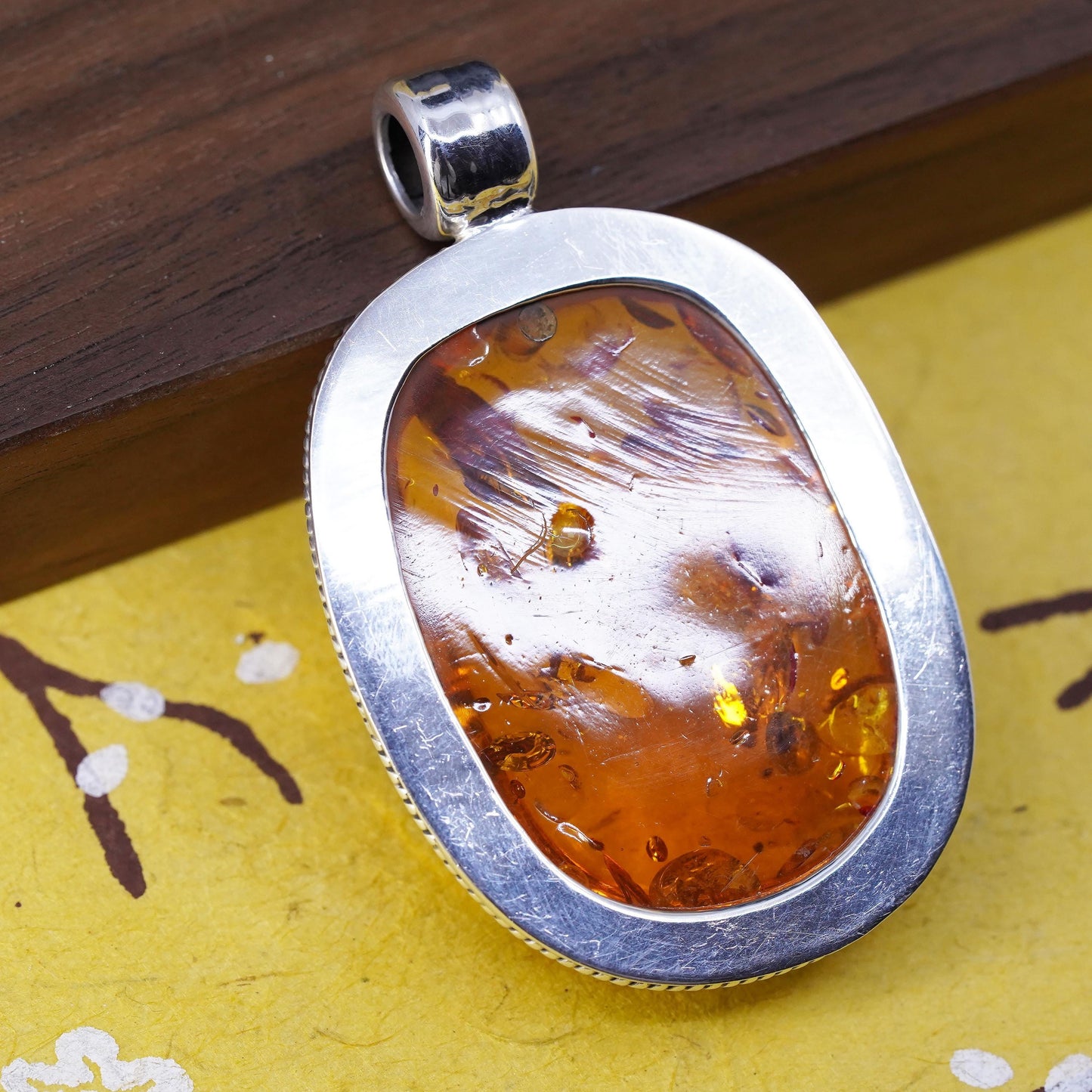 Vintage modern Sterling 925 silver handmade huge pendant with amber pendant