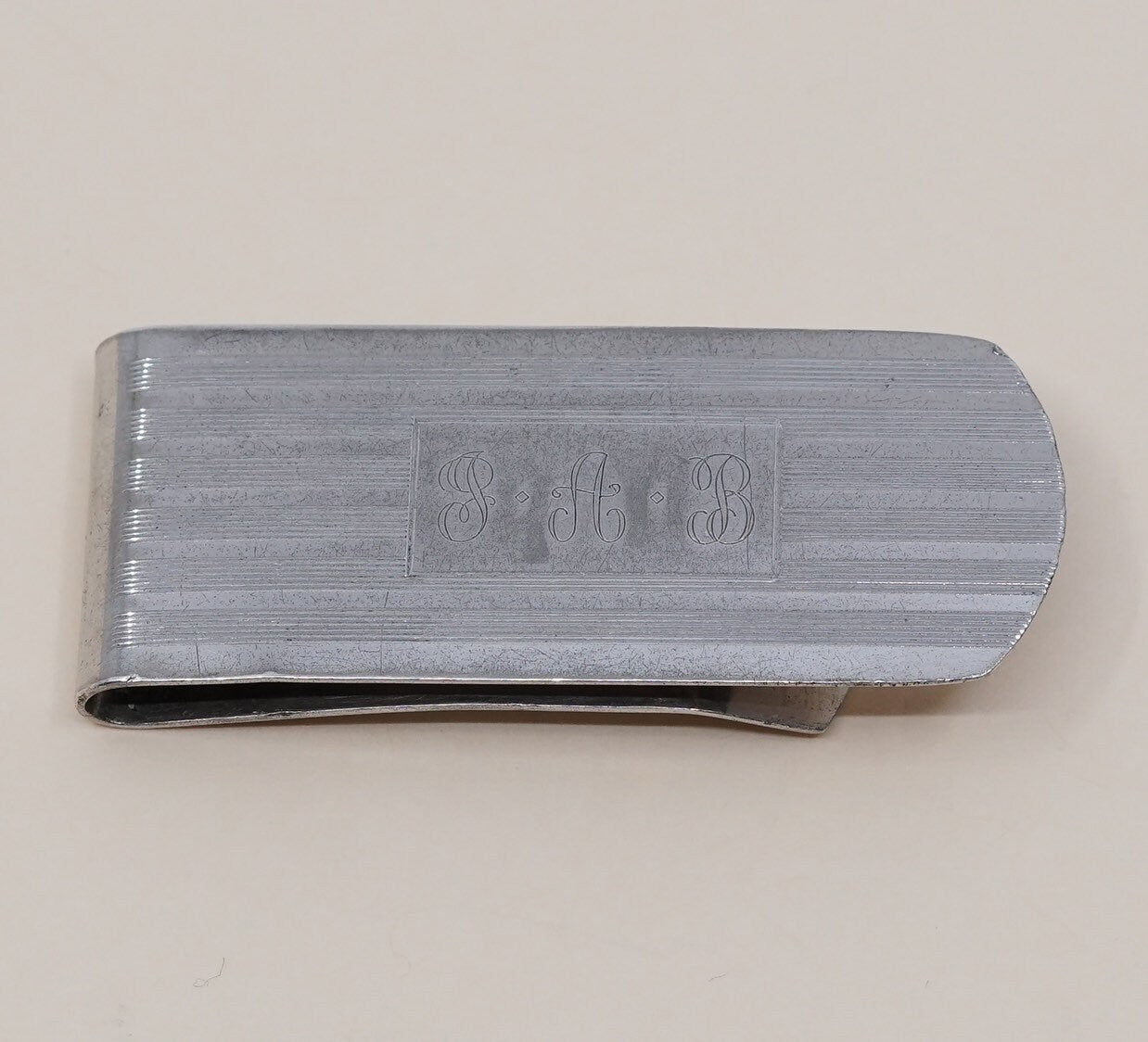 Vintage sterling silver handmade money clip, solid 925 silver money clip with monogram “JAB” engraved, stamped sterling