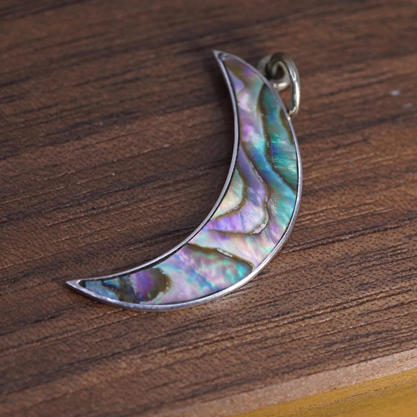 Vintage Sterling 925 silver handmade moon pendant with abalone inlay