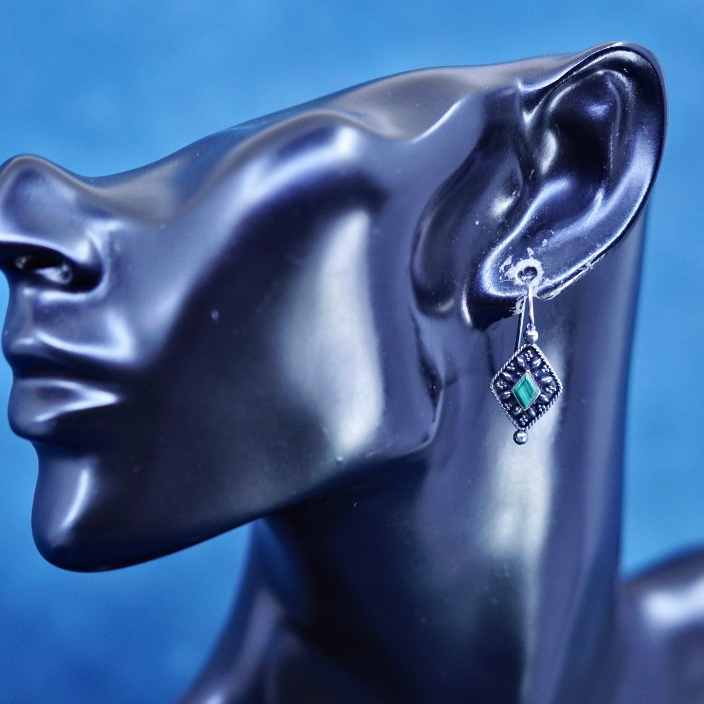 Vintage Boma Sterling 925 silver handmade beaded earrings with malachite