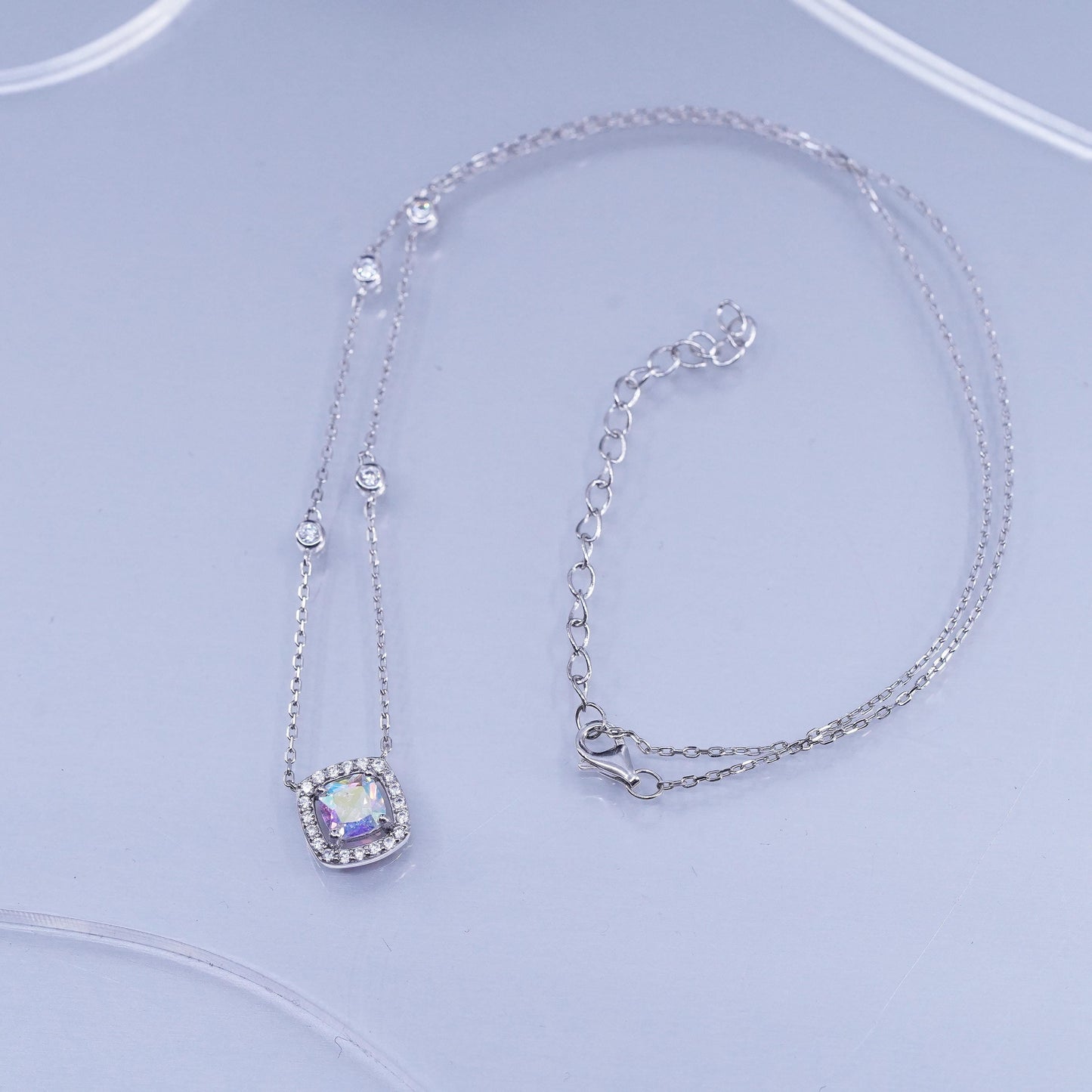 16+2”, vintage Sterling 925 silver circle necklace with cz square pendant