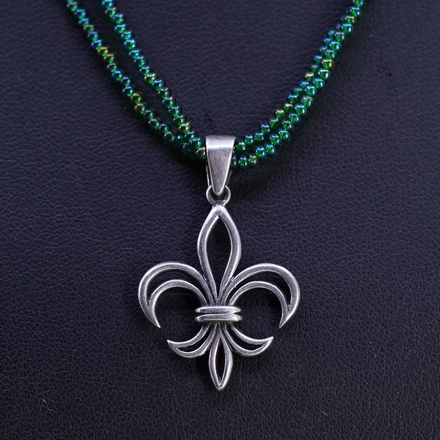 16”, Sterling Silver 925 Fleur de Lis Necklace Beaded Multi Strand 925 French