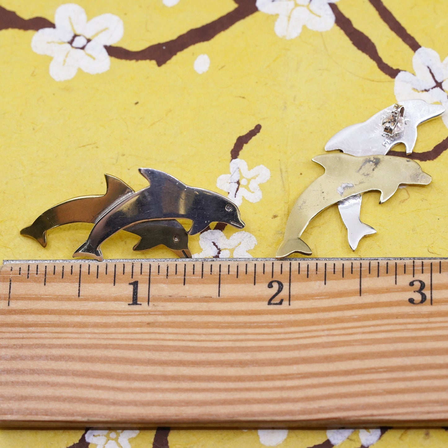 Mexican two tone Sterling silver handmade earrings, 925 brass dolphins studs