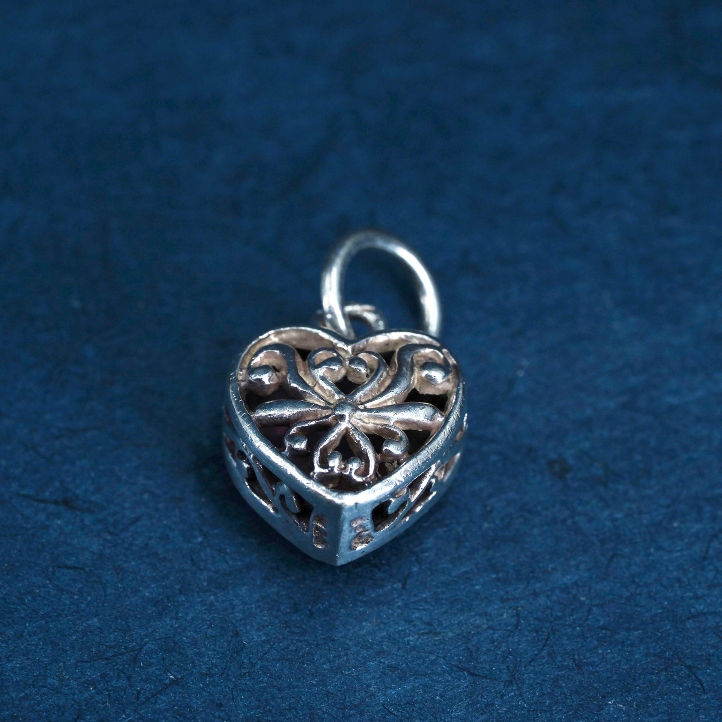 Vintage sterling silver handmade pendant, 925 heart with pink jasper inlay